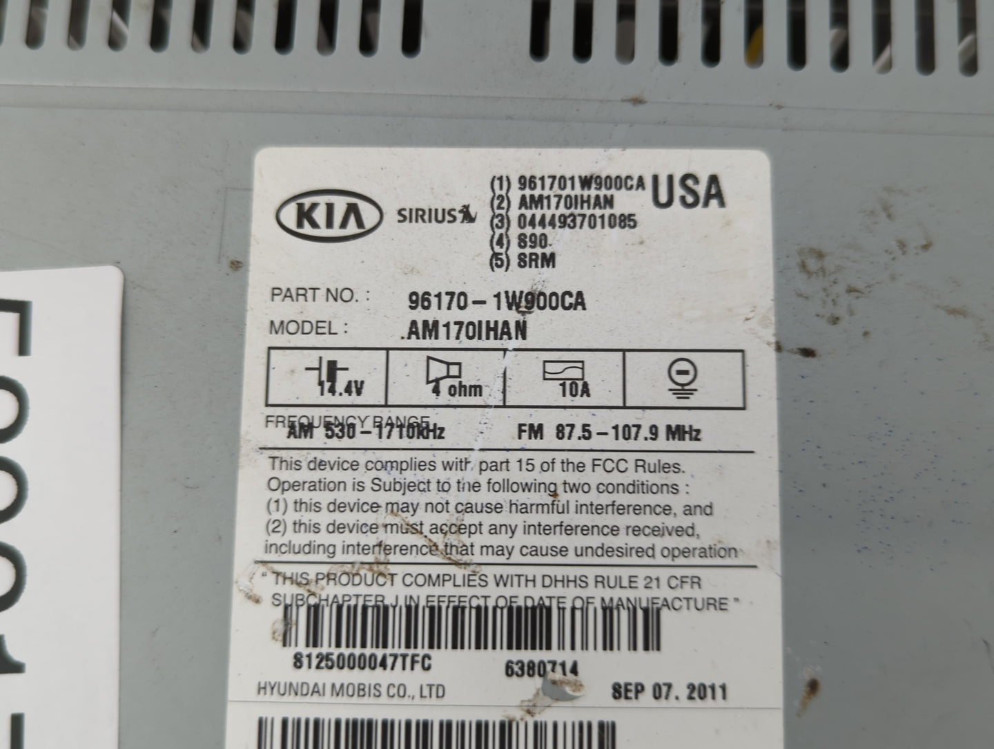 2012-2015 Kia Rio Radio AM FM Cd Player Receiver Replacement P/N:96170-1W900CA Fits Fits 2012 2013 2014 2015 OEM Used Auto P
