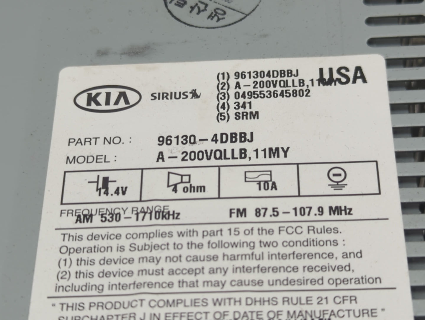 2011-2014 Kia Sedona Radio AM FM Cd Player Receiver Replacement P/N:96130-4DBBJ Fits Fits 2011 2012 2014 OEM Used Auto Parts