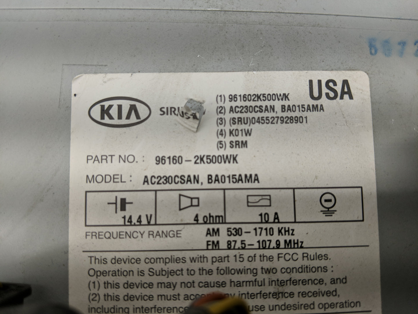 2012 Kia Soul Radio AM FM Cd Player Receiver Replacement P/N:96160-2K500WK Fits OEM Used Auto Parts - Oemusedautoparts1.com