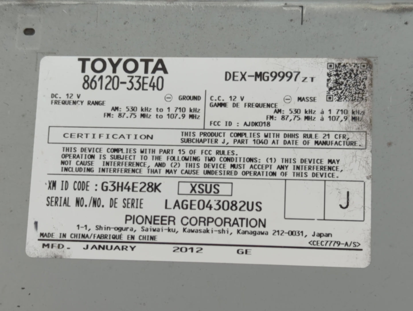 2010-2012 Lexus Es350 Radio AM FM Cd Player Receiver Replacement P/N:86120-33E40 Fits Fits 2010 2011 2012 OEM Used Auto Part
