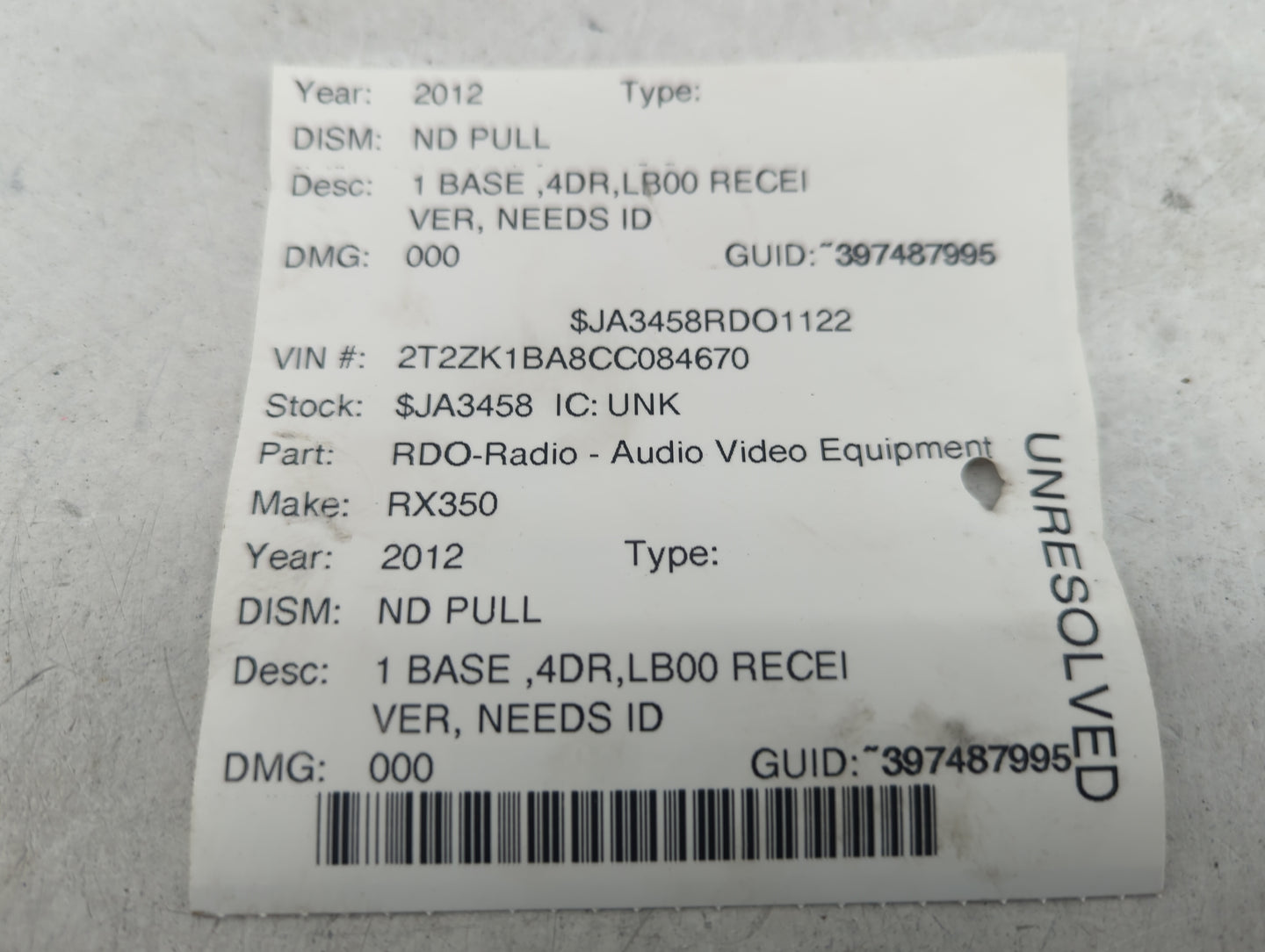 2012 Lexus Rx350 Radio AM FM Cd Player Receiver Replacement P/N:86120-0E530 DEX-G8147 Fits OEM Used Auto Parts - Oemusedauto