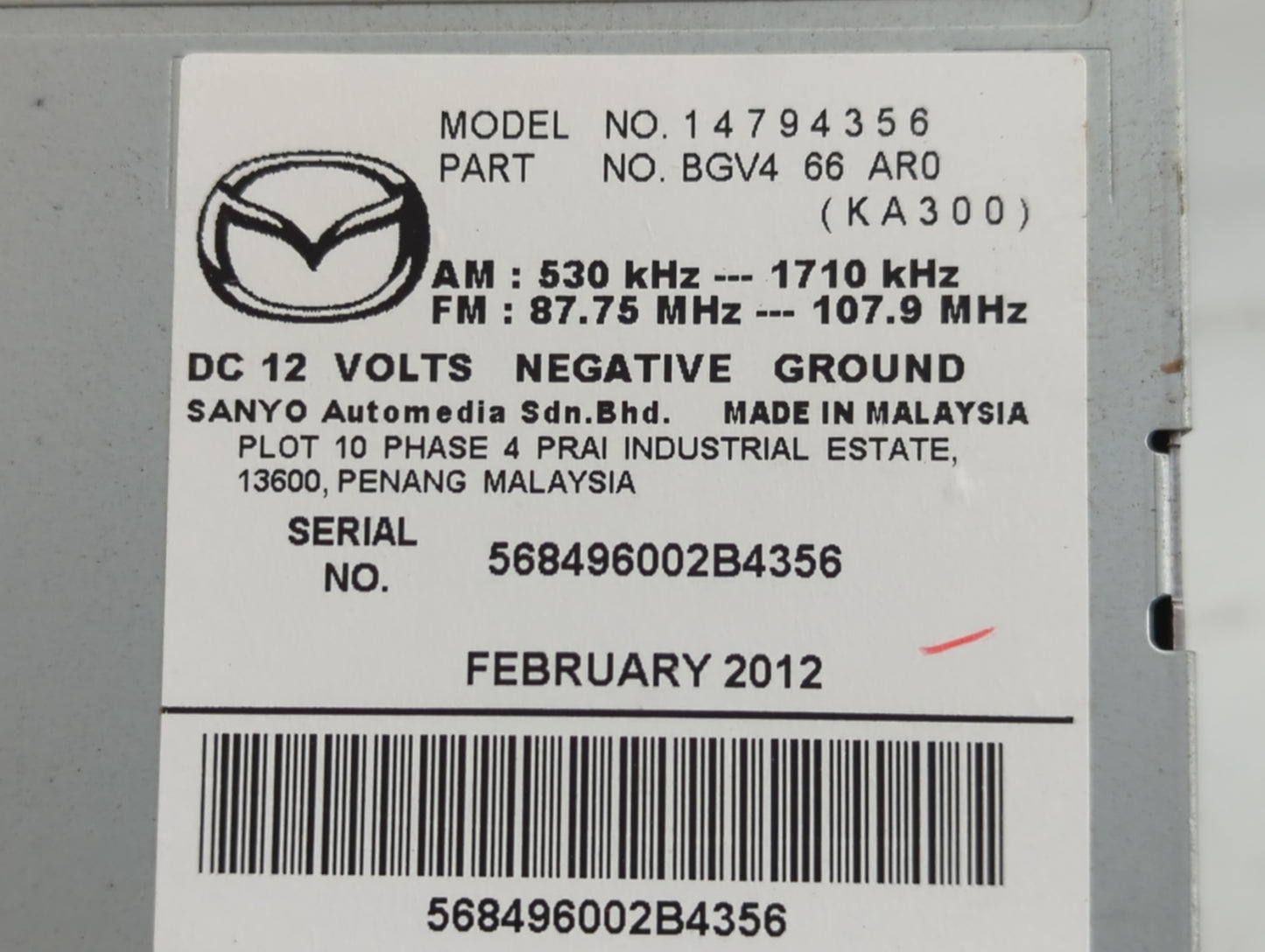 2012-2013 Mazda 3 Radio AM FM Cd Player Receiver Replacement P/N:BGV4 66 AR0 Fits Fits 2012 2013 OEM Used Auto Parts - Oemus