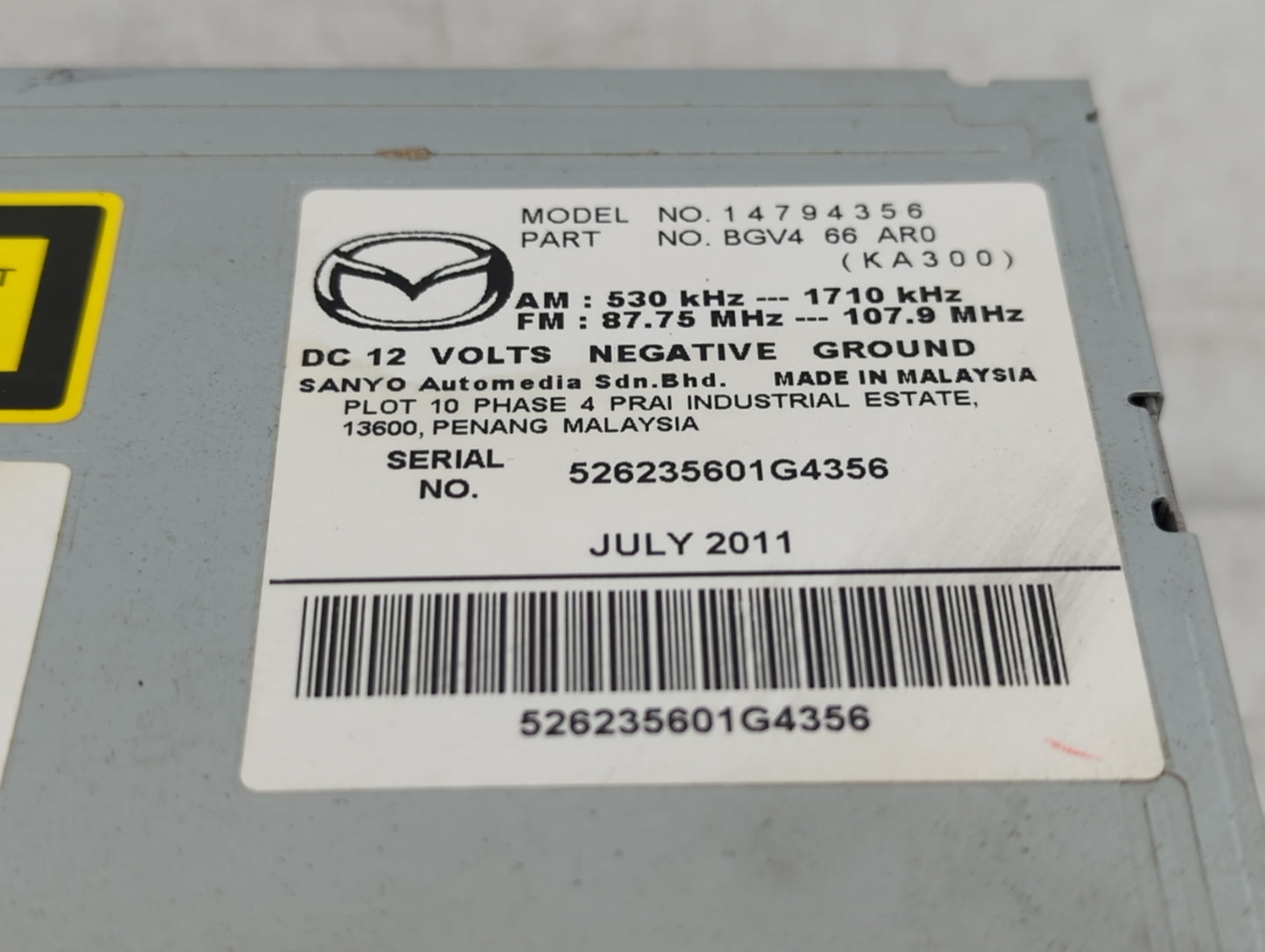 2012-2013 Mazda 3 Radio AM FM Cd Player Receiver Replacement P/N:BGV466AR0 Fits Fits 2012 2013 OEM Used Auto Parts - Oemused