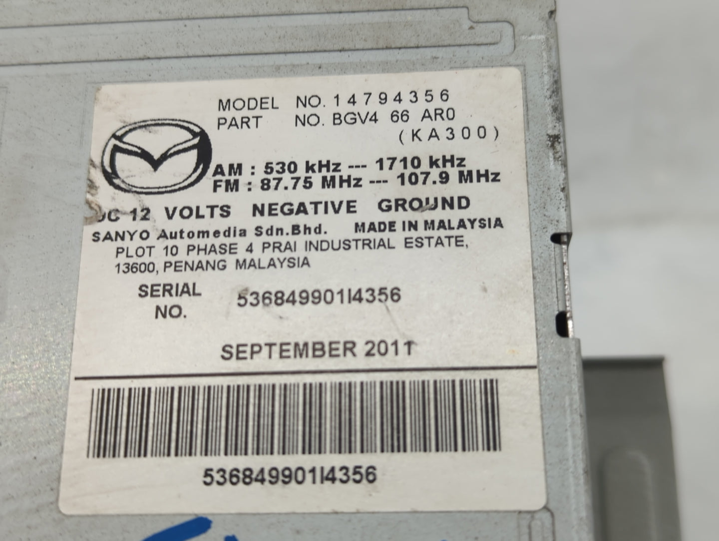 2012-2013 Mazda 3 Radio AM FM Cd Player Receiver Replacement P/N:14794356 Fits Fits 2012 2013 OEM Used Auto Parts - Oemuseda