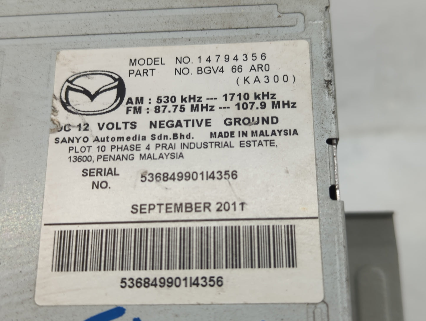 2012-2013 Mazda 3 Radio AM FM Cd Player Receiver Replacement P/N:14794356 Fits Fits 2012 2013 OEM Used Auto Parts - Oemuseda