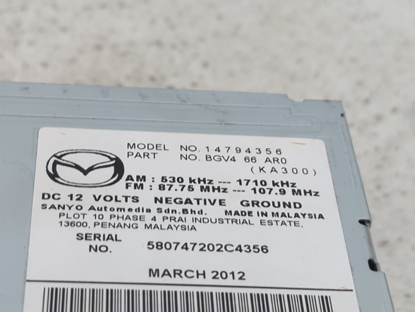 2012-2013 Mazda 3 Radio AM FM Cd Player Receiver Replacement P/N:BGV4 66 AR0 Fits Fits 2012 2013 OEM Used Auto Parts - Oemus