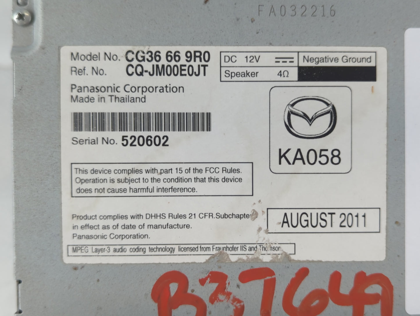 2012 Mazda 5 Radio AM FM Cd Player Receiver Replacement P/N:CG36 66 9R0 Fits OEM Used Auto Parts - Oemusedautoparts1.com