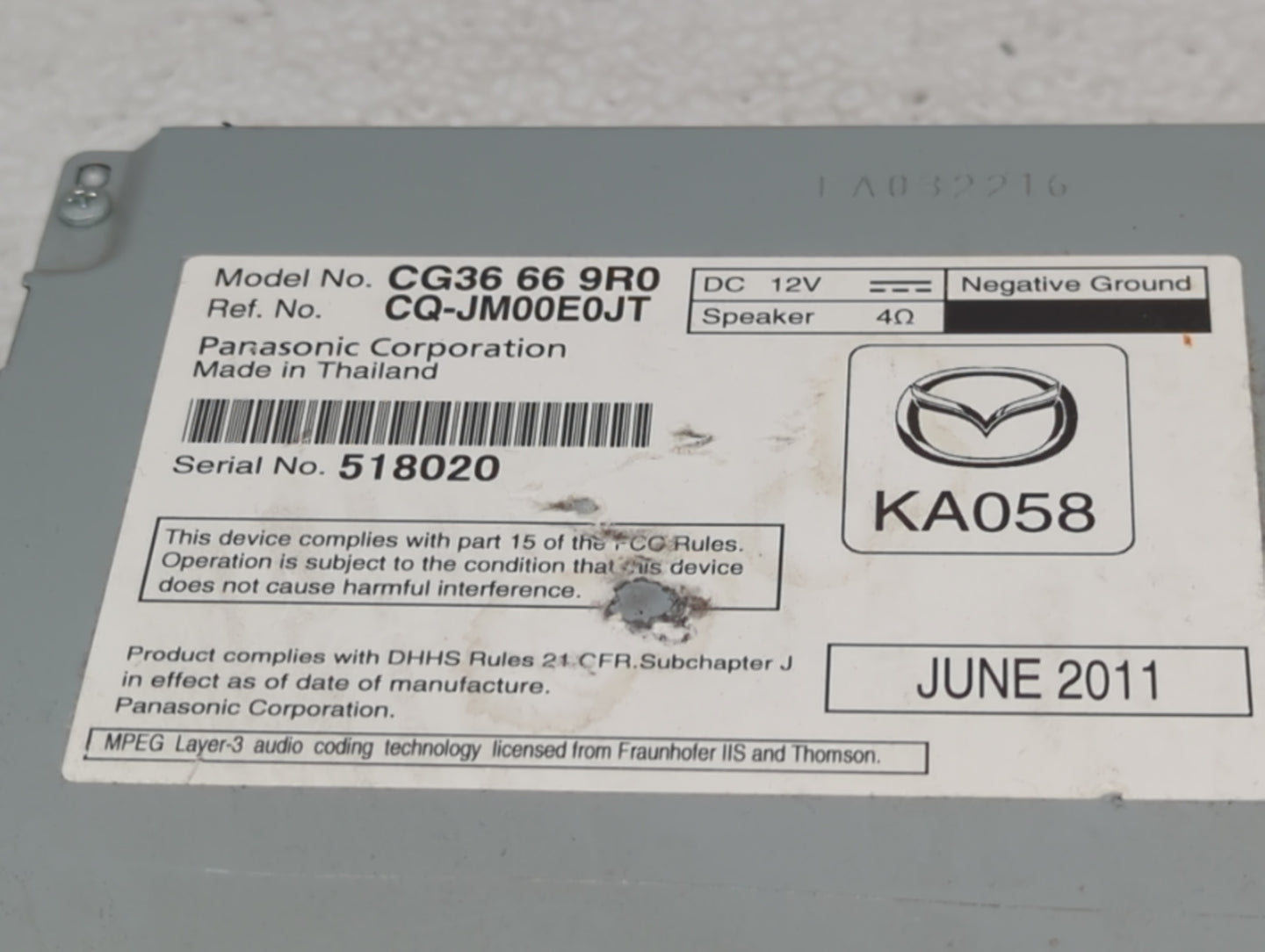 2012 Mazda 5 Radio AM FM Cd Player Receiver Replacement P/N:CG36 66 9R0 Fits OEM Used Auto Parts - Oemusedautoparts1.com