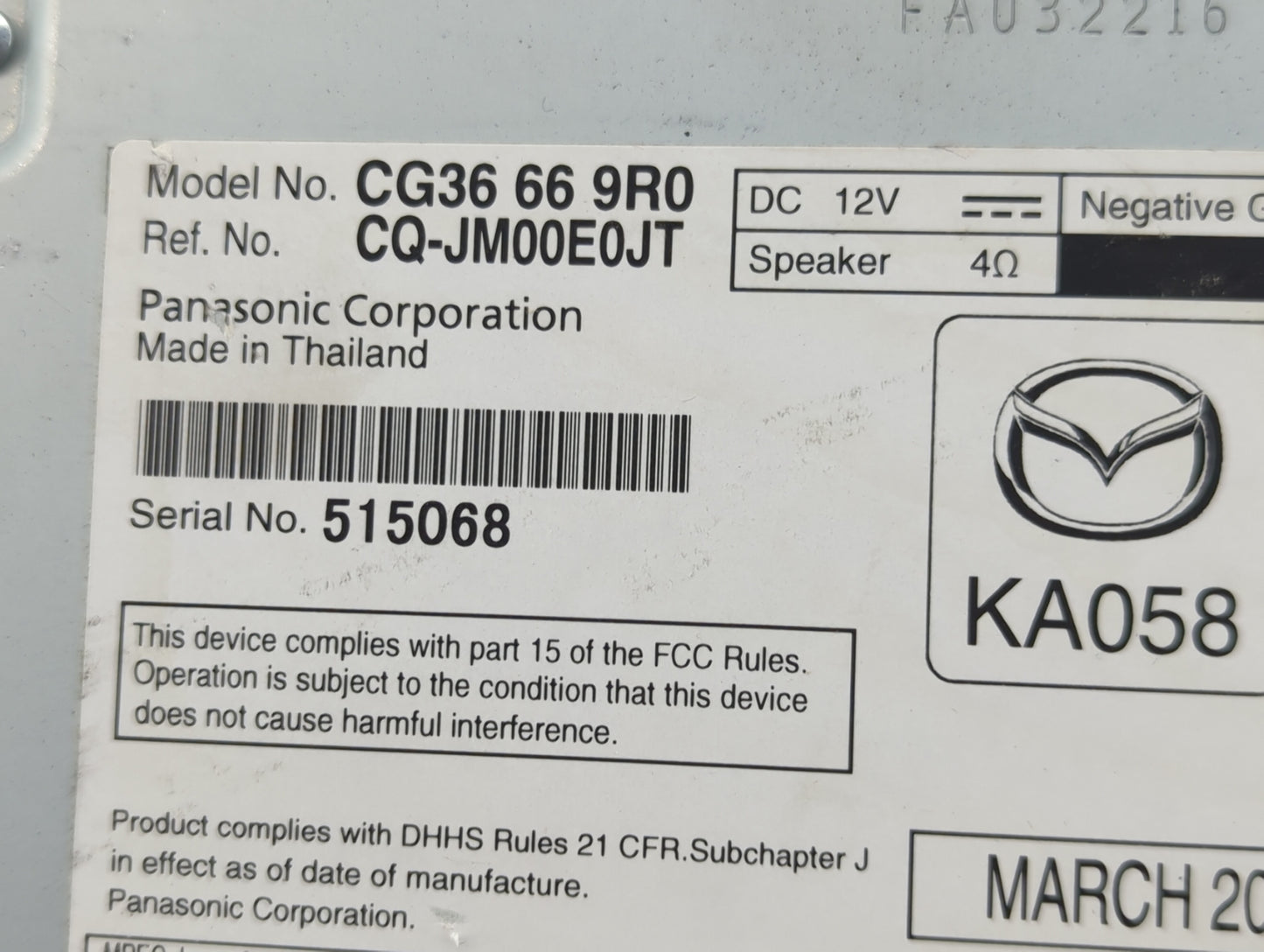 2012 Mazda 5 Radio AM FM Cd Player Receiver Replacement P/N:CG36669R0 Fits OEM Used Auto Parts - Oemusedautoparts1.com