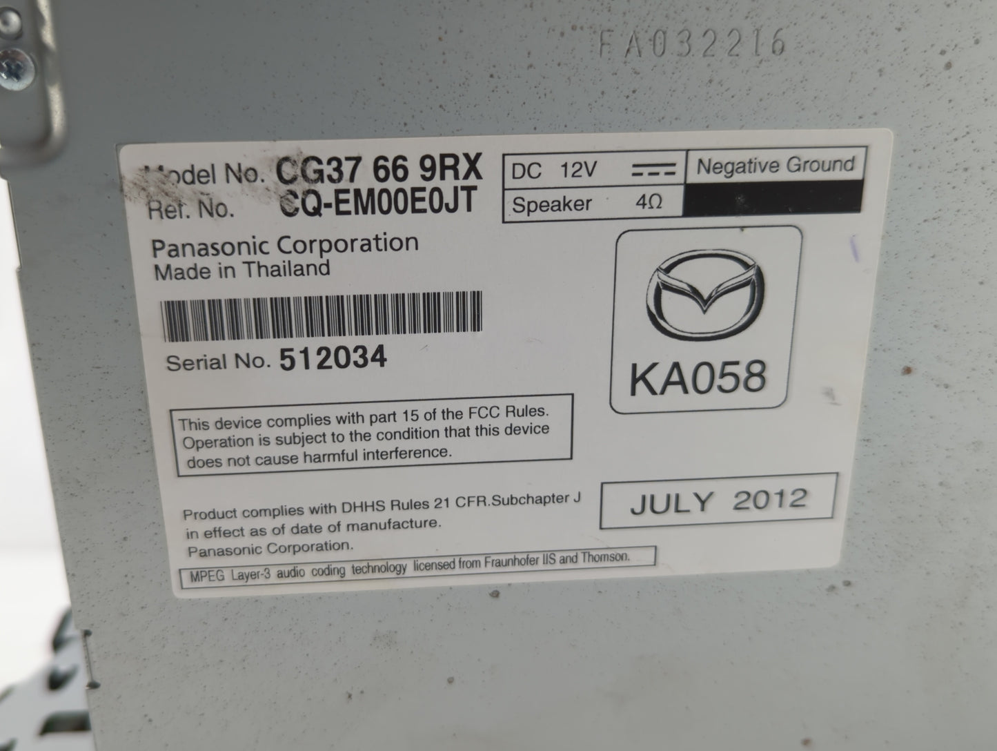 2012 Mazda 5 Radio AM FM Cd Player Receiver Replacement P/N:CG37 66 9RX CG36 66 9R0 Fits OEM Used Auto Parts - Oemusedautopa