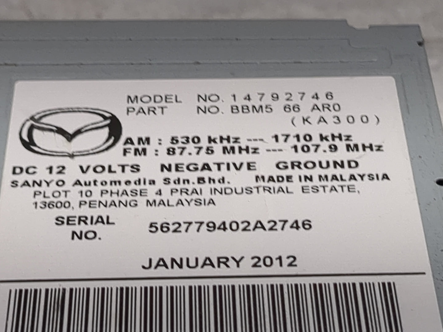 2012 Mazda Mazda3 Radio AM FM Cd Player Receiver Replacement P/N:BBM566AR0 14792746 Fits OEM Used Auto Parts - Oemusedautopa
