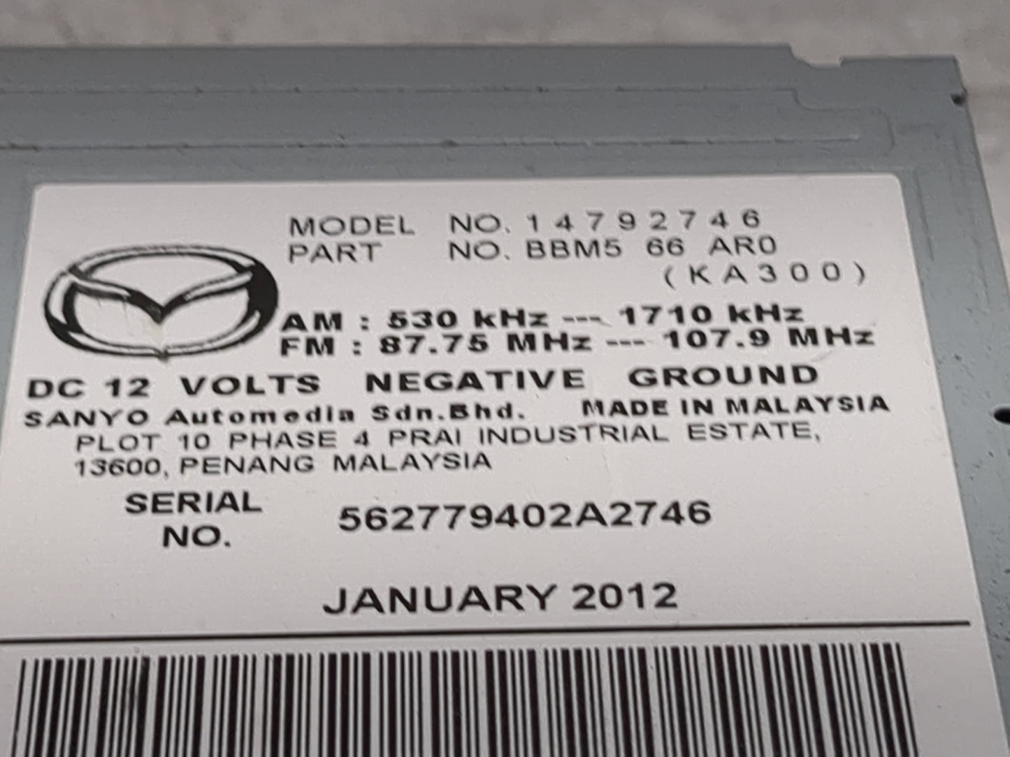 2012 Mazda Mazda3 Radio AM FM Cd Player Receiver Replacement P/N:BBM566AR0 14792746 Fits OEM Used Auto Parts - Oemusedautopa