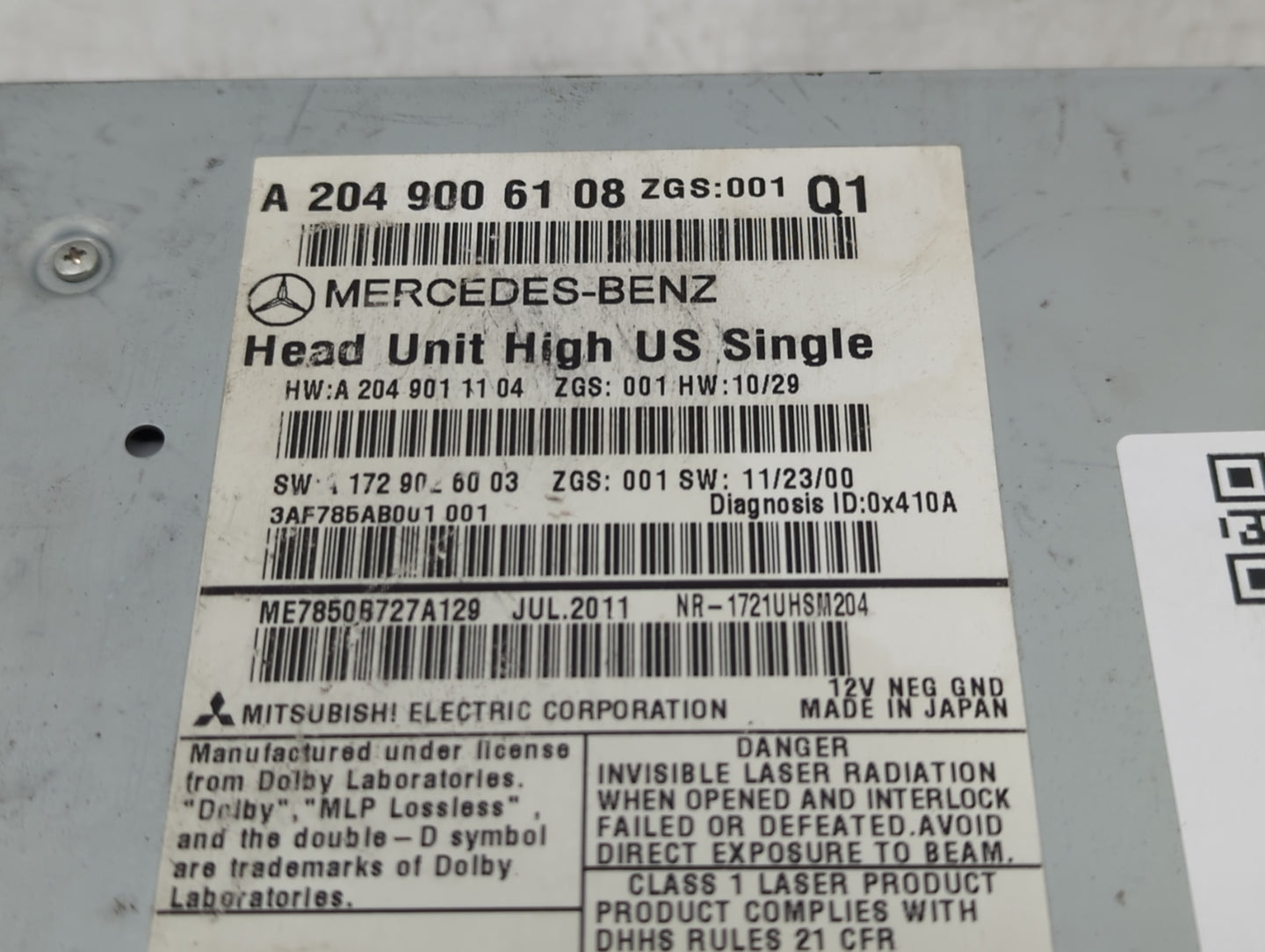 2012 Mercedes-Benz C250 Radio AM FM Cd Player Receiver Replacement P/N:A 204 900 61 08 Fits OEM Used Auto Parts - Oemusedaut
