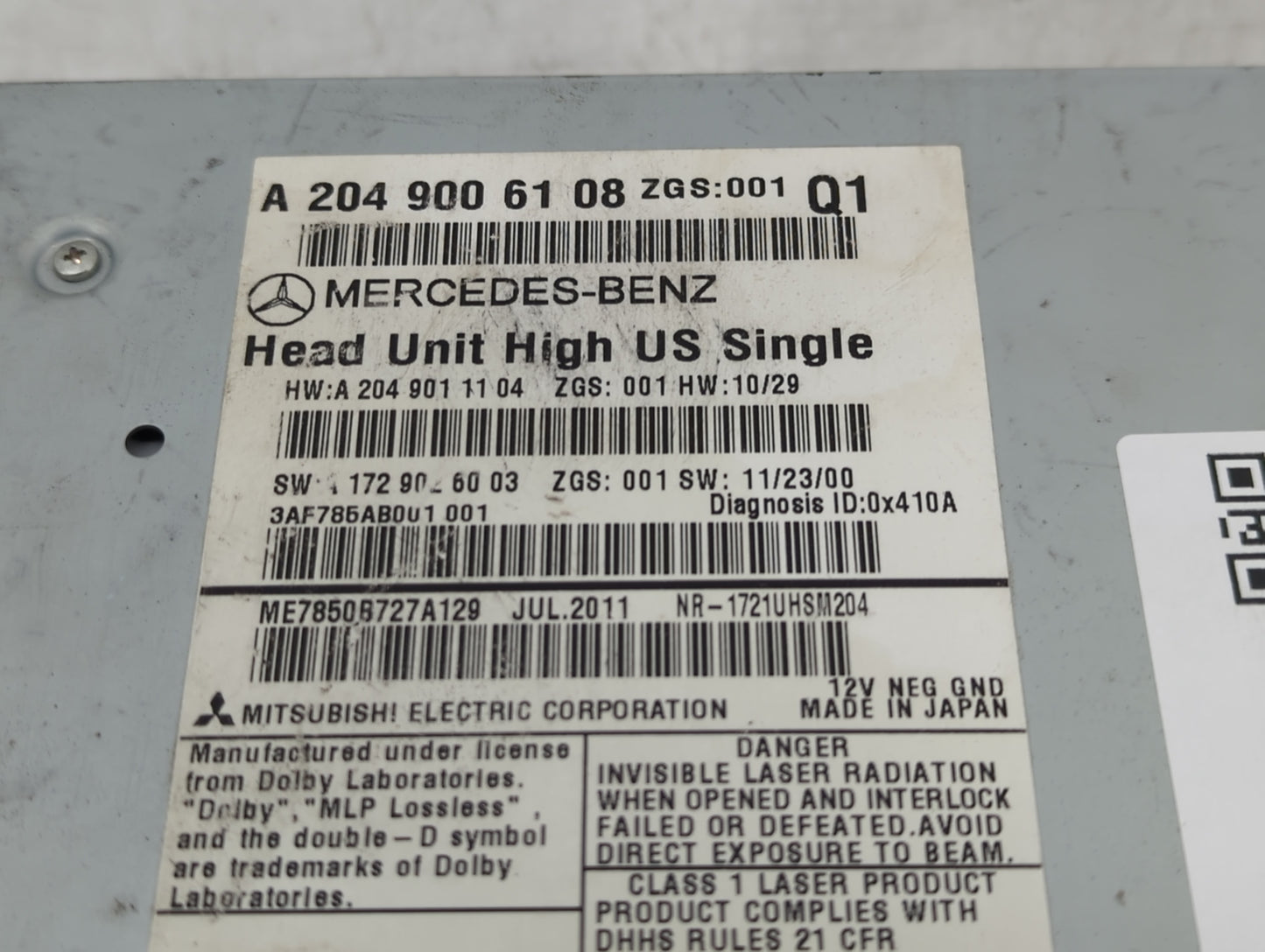 2012 Mercedes-Benz C250 Radio AM FM Cd Player Receiver Replacement P/N:A 204 900 61 08 Fits OEM Used Auto Parts - Oemusedaut