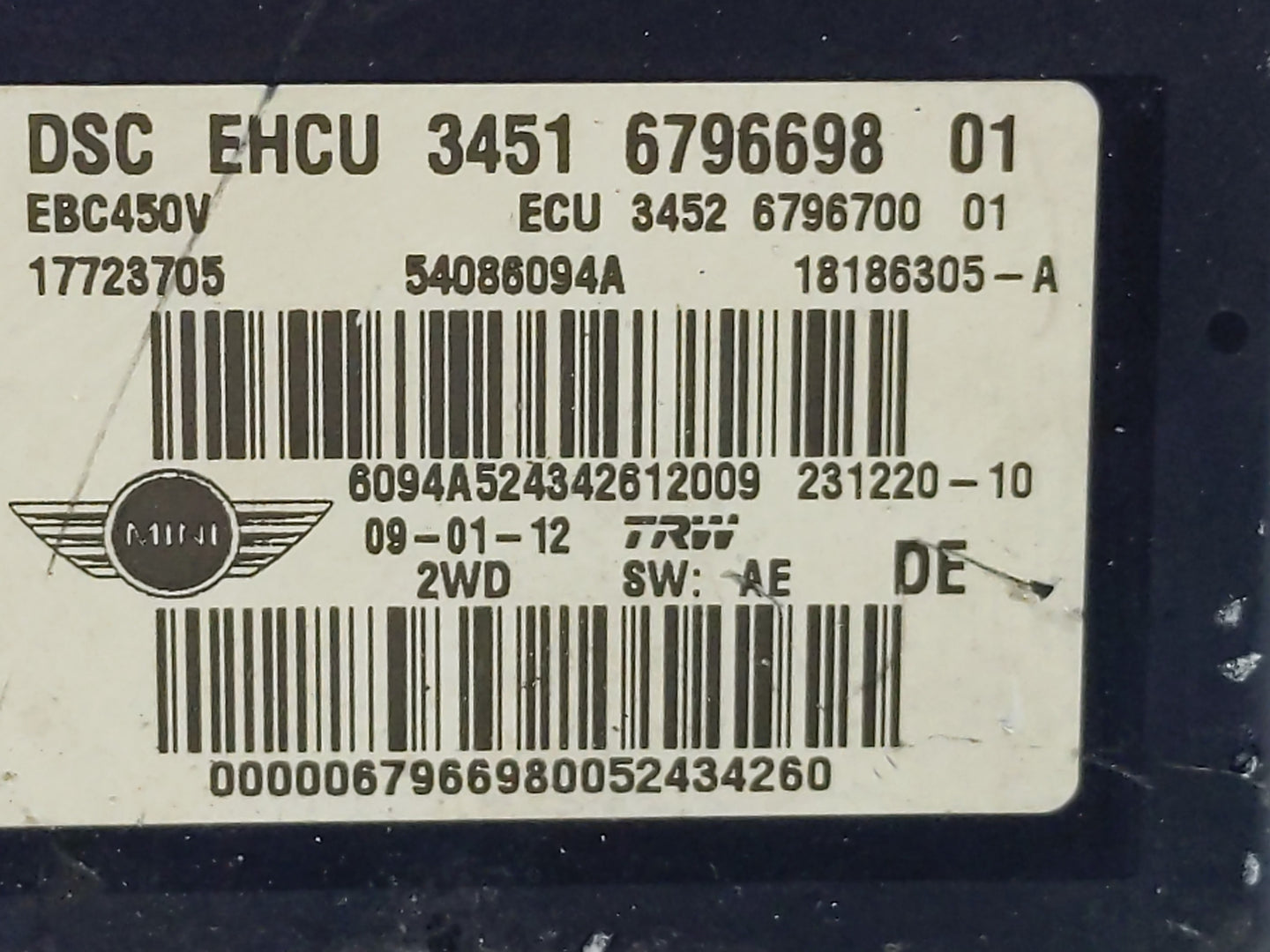 2012-2013 Mini Cooper ABS Pump Control Module Replacement P/N:3451 6796698 01 Fits Fits 2012 2013 OEM Used Auto Parts - Oemu