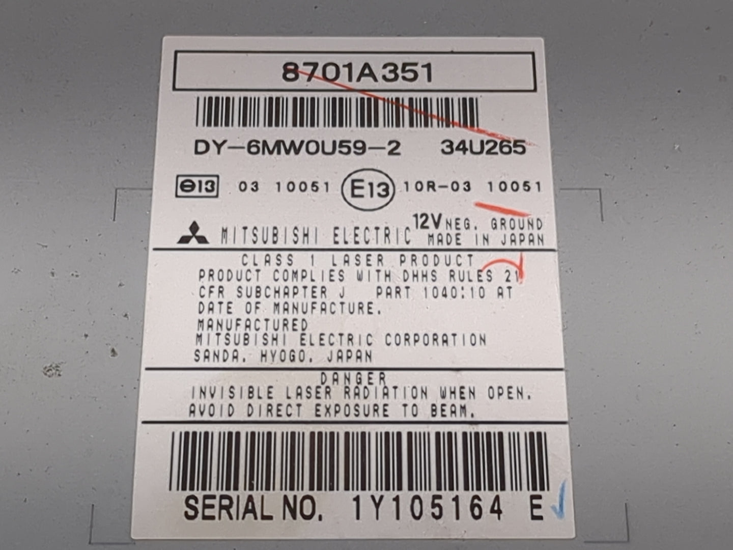 2008-2013 Mitsubishi Outlander Radio AM FM Cd Player Receiver Replacement P/N:8701A351 DY-6MW0U59-2 Fits OEM Used Auto Parts