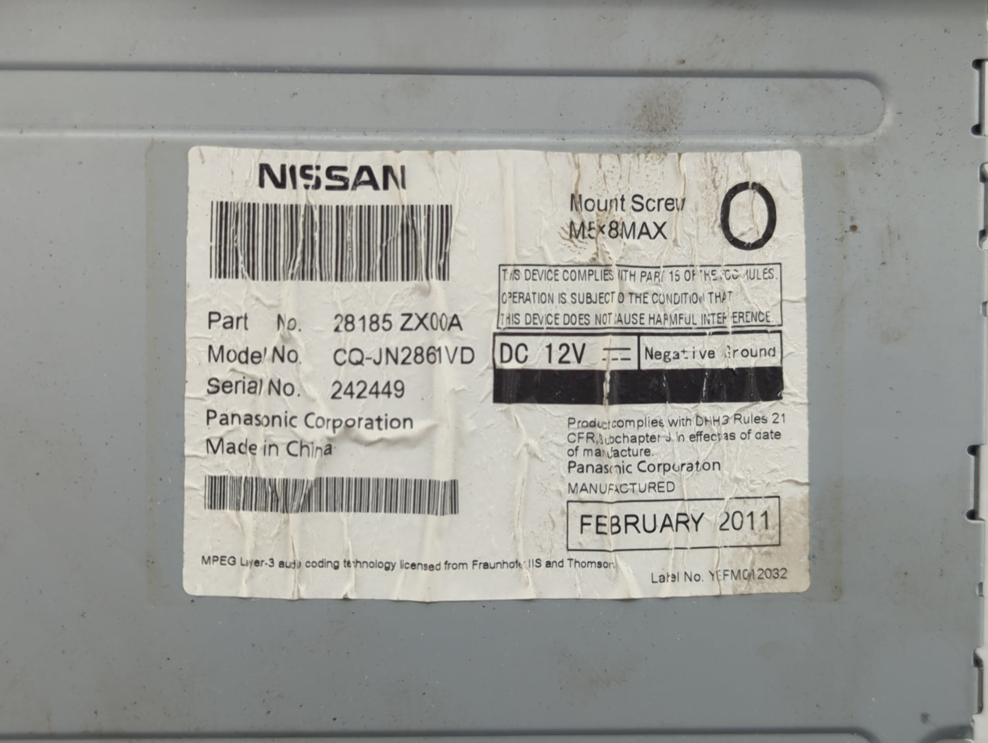 2010-2012 Nissan Altima Radio AM FM Cd Player Receiver Replacement P/N:28185ZX00A CQ-JN2861VD Fits Fits 2010 2011 2012 OEM U