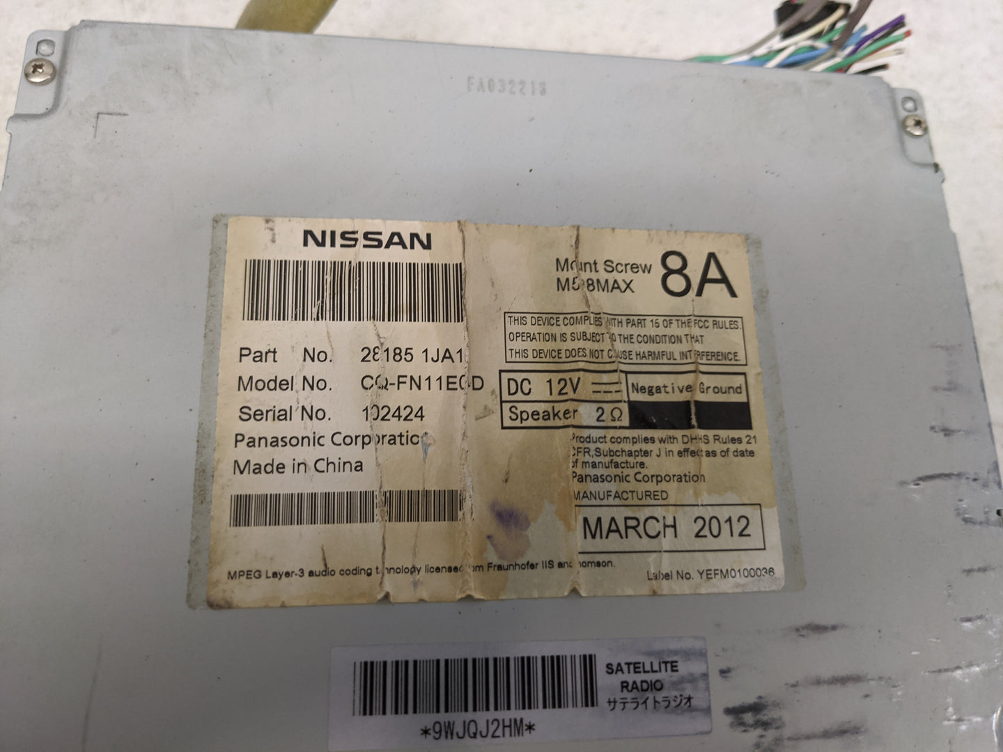 2012 Nissan Quest Radio AM FM Cd Player Receiver Replacement P/N:281851JA1 CQ-FN11E0D Fits OEM Used Auto Parts - Oemusedauto