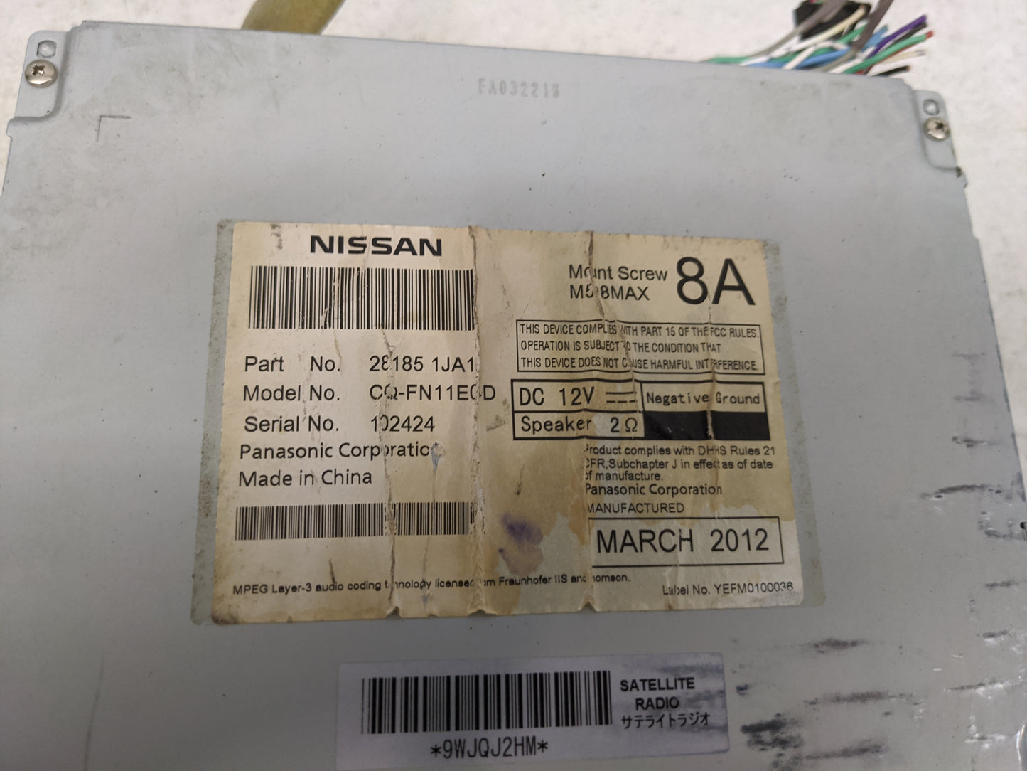 2012 Nissan Quest Radio AM FM Cd Player Receiver Replacement P/N:281851JA1 CQ-FN11E0D Fits OEM Used Auto Parts - Oemusedauto