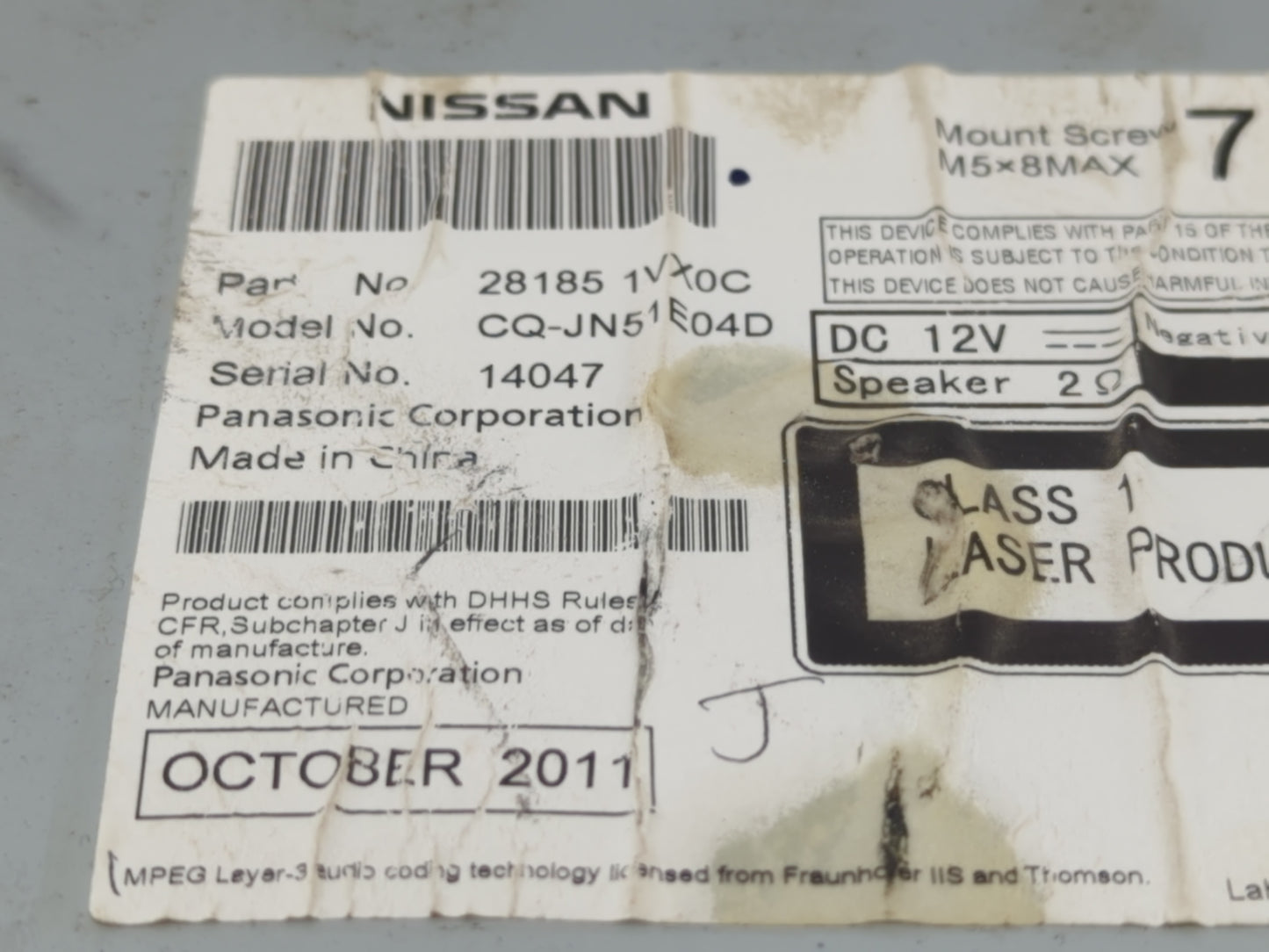 2011-2012 Nissan Rogue Radio AM FM Cd Player Receiver Replacement P/N:28185 1VX0C Fits Fits 2011 2012 OEM Used Auto Parts - 