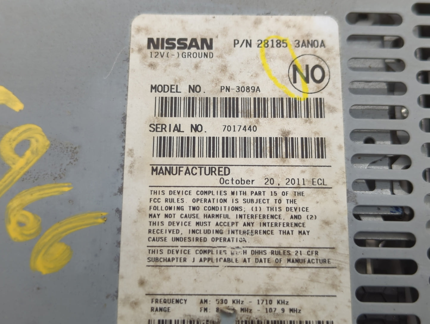 2012-2014 Nissan Versa Radio AM FM Cd Player Receiver Replacement P/N:28185 3AN0A Fits Fits 2012 2013 2014 OEM Used Auto Par