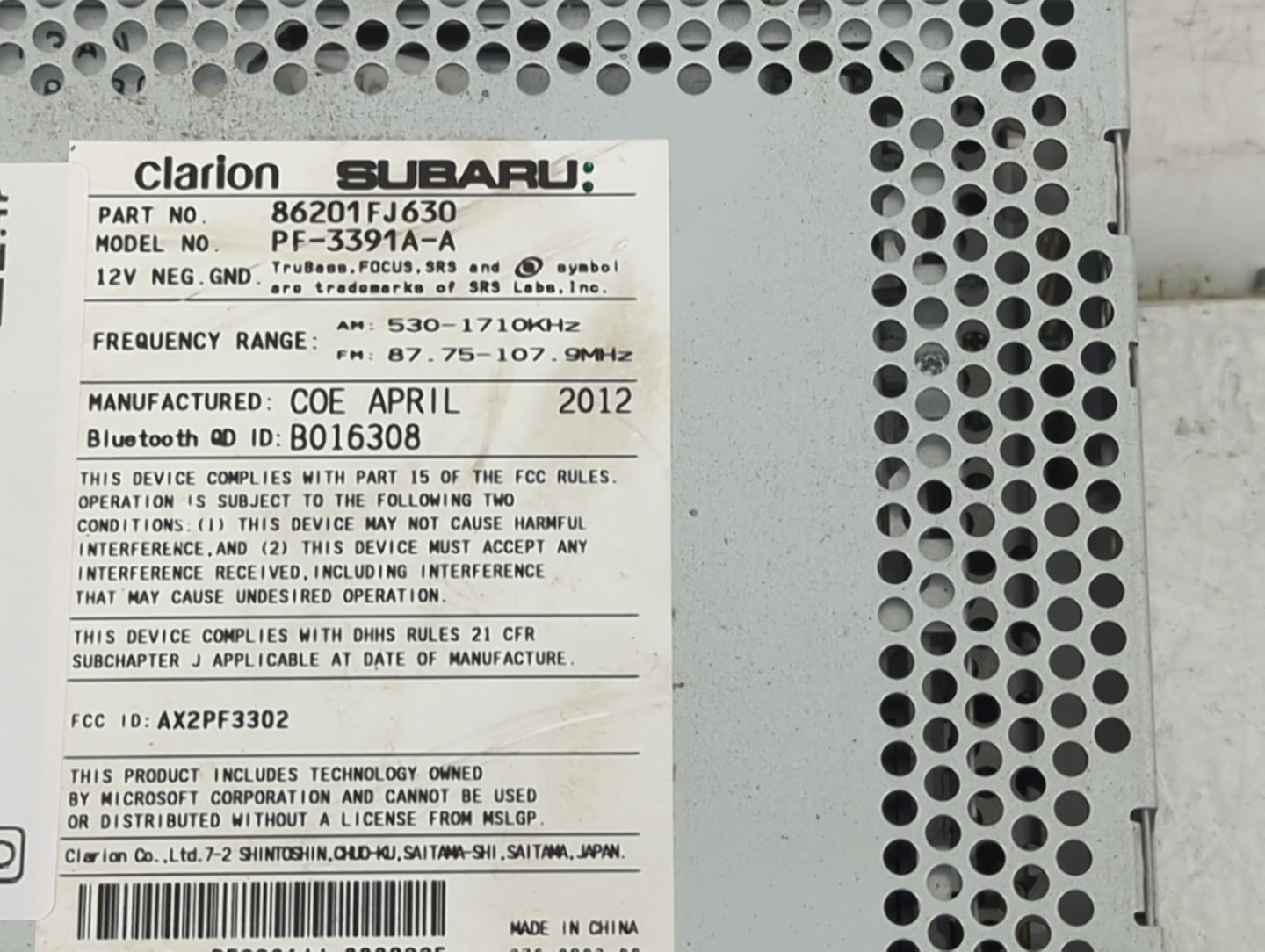 2012-2014 Subaru Impreza Radio AM FM Cd Player Receiver Replacement P/N:86201FJ630 Fits Fits 2012 2013 2014 OEM Used Auto Pa