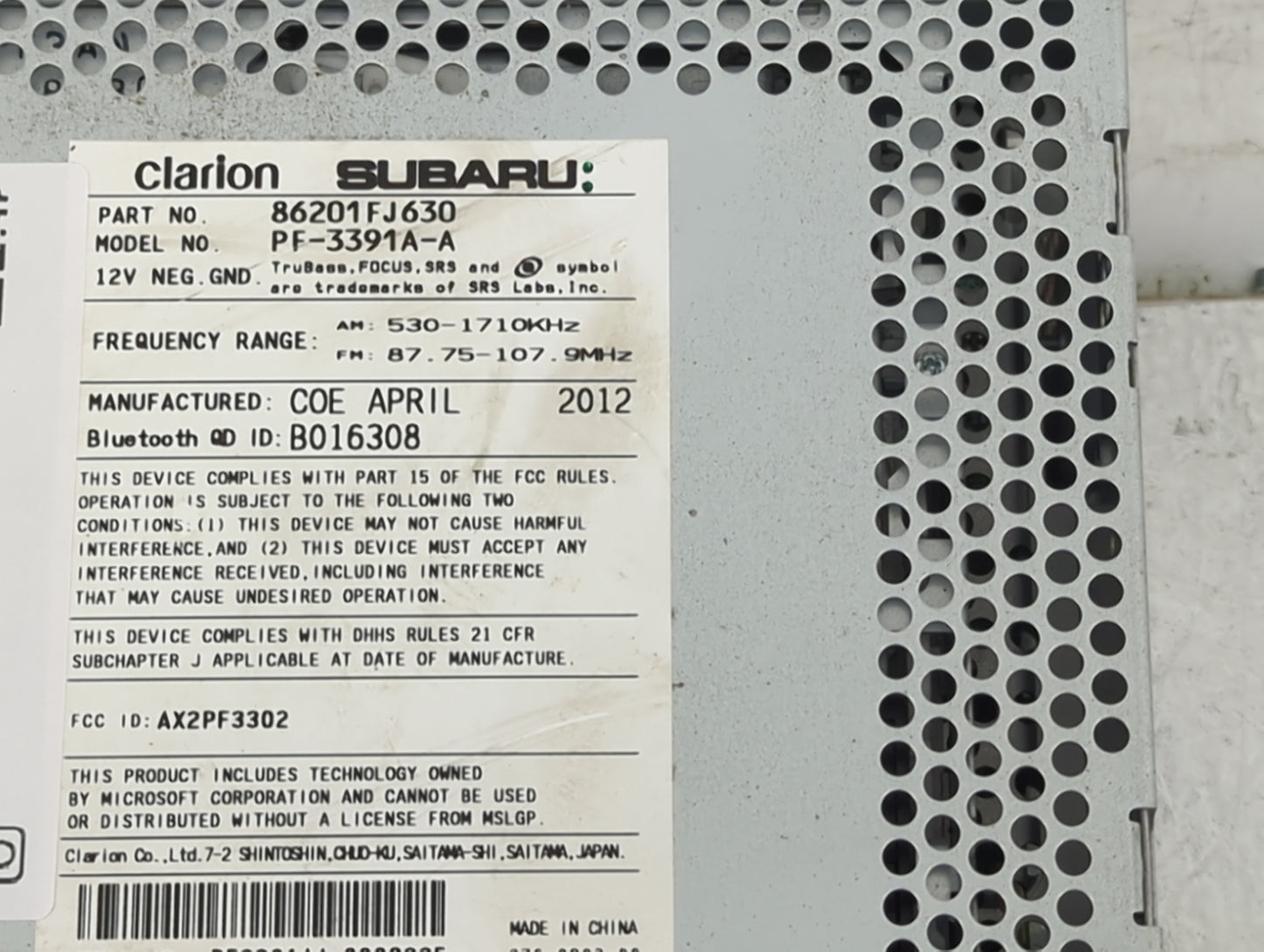 2012-2014 Subaru Impreza Radio AM FM Cd Player Receiver Replacement P/N:86201FJ630 Fits Fits 2012 2013 2014 OEM Used Auto Pa