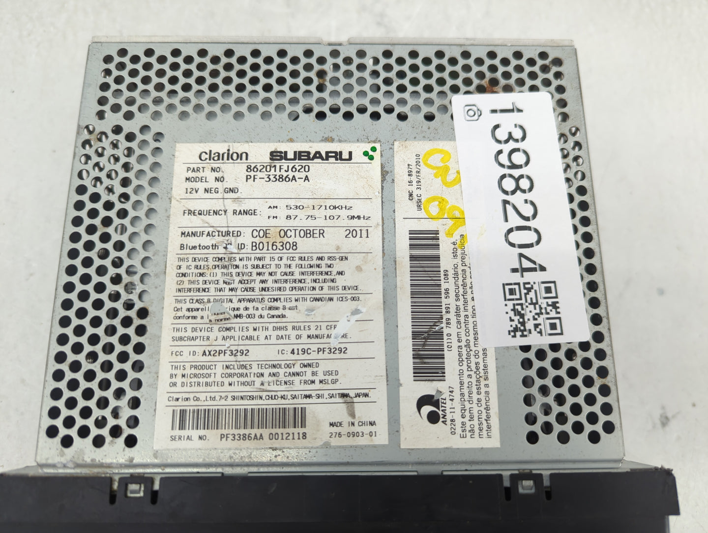 2012-2014 Subaru Impreza Radio AM FM Cd Player Receiver Replacement P/N:86201FJ620 Fits Fits 2012 2013 2014 OEM Used Auto Pa
