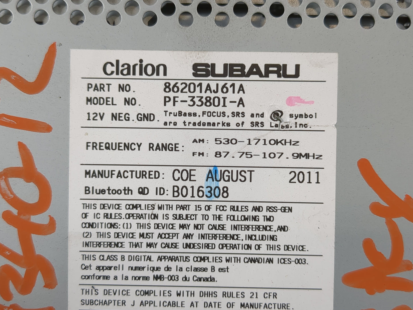 2012-2014 Subaru Legacy Radio AM FM Cd Player Receiver Replacement P/N:86201AJ61A Fits Fits 2012 2013 2014 OEM Used Auto Par