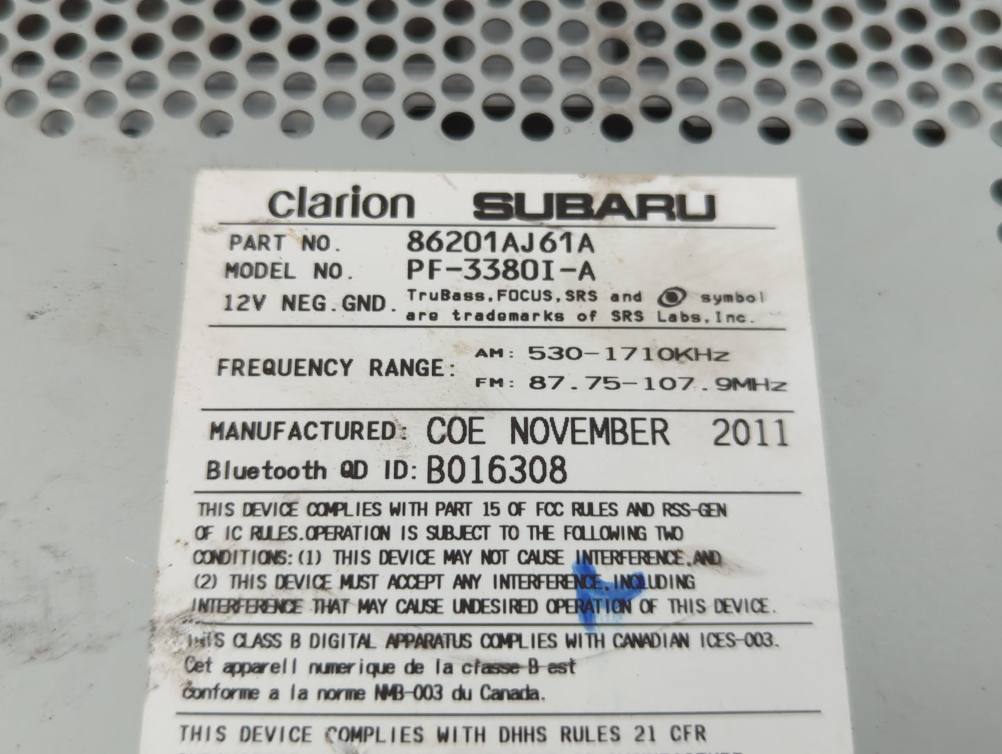 2012-2014 Subaru Legacy Radio AM FM Cd Player Receiver Replacement P/N:86201AJ61A Fits Fits 2012 2013 2014 OEM Used Auto Par