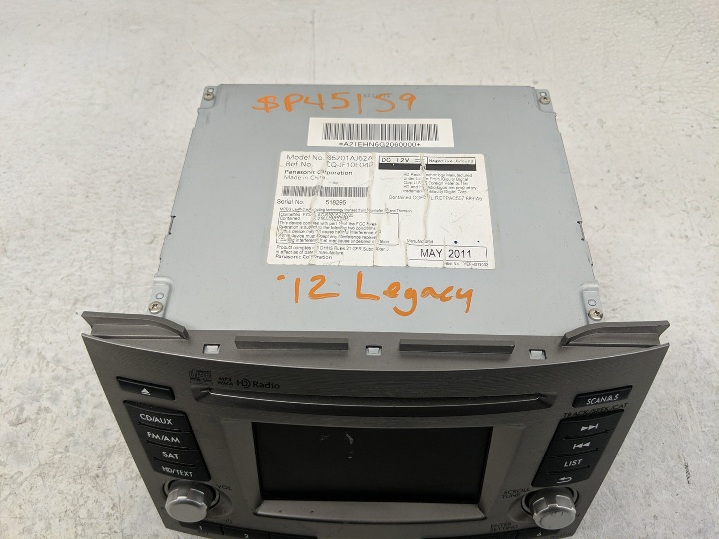 2012 Subaru Legacy Radio AM FM Cd Player Receiver Replacement P/N:86201AJ62A Fits OEM Used Auto Parts - Oemusedautoparts1.co