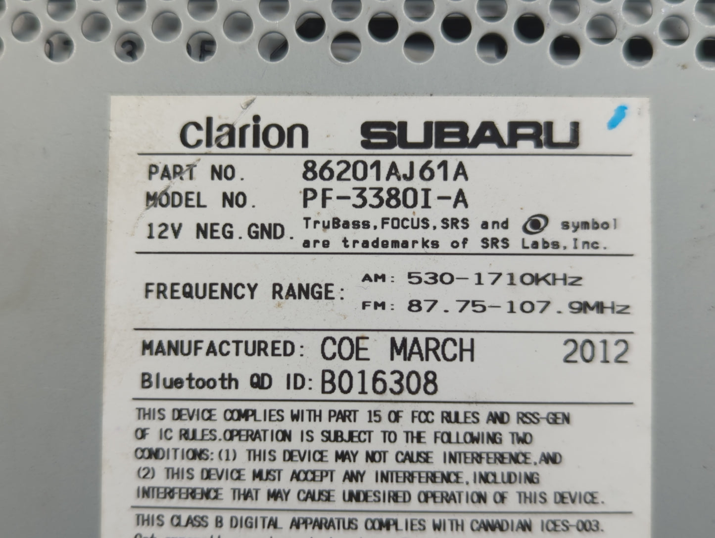 2012-2014 Subaru Legacy Radio AM FM Cd Player Receiver Replacement P/N:86201AJ61A Fits Fits 2012 2013 2014 OEM Used Auto Par