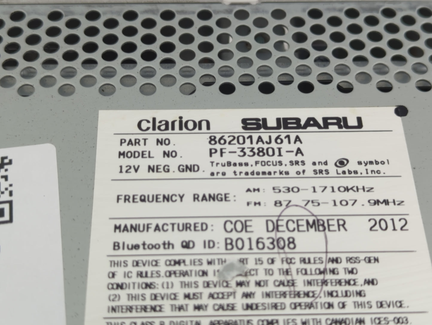 2012-2014 Subaru Legacy Radio AM FM Cd Player Receiver Replacement P/N:86201AJ61A Fits Fits 2012 2013 2014 OEM Used Auto Par