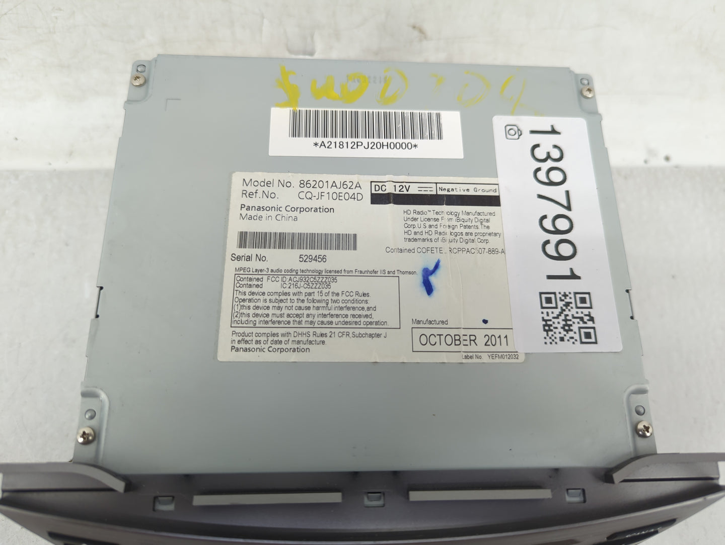 2012 Subaru Legacy Radio AM FM Cd Player Receiver Replacement P/N:86201AJ62A Fits OEM Used Auto Parts - Oemusedautoparts1.co