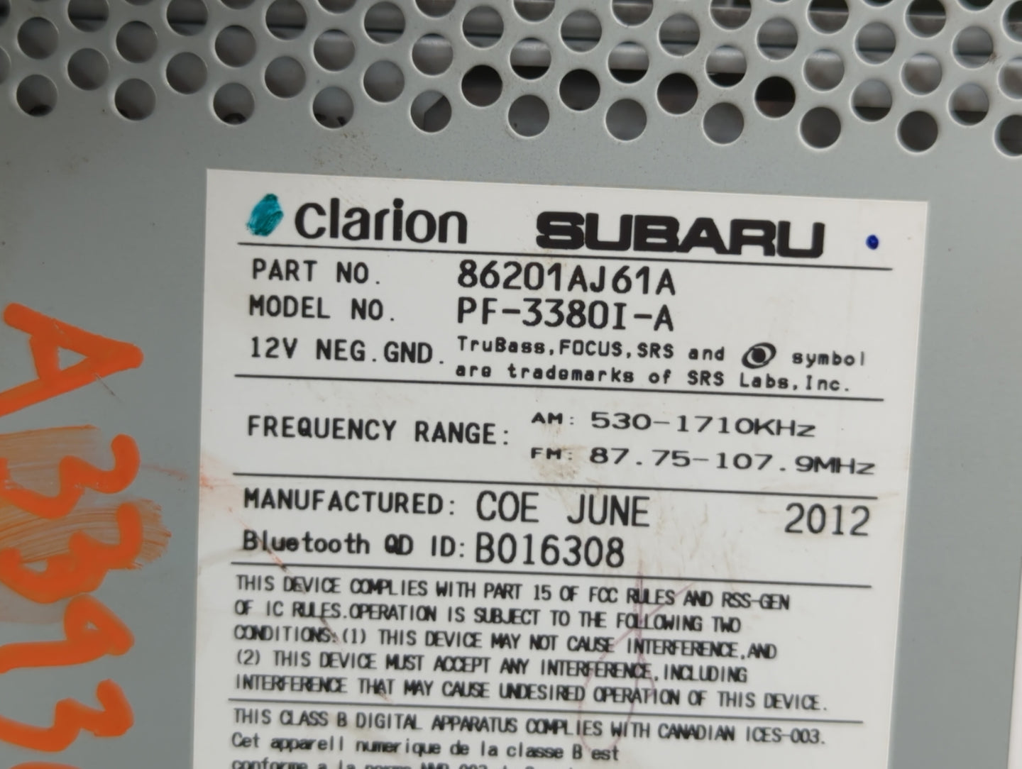 2012-2014 Subaru Legacy Am Fm Cd Player Radio Receiver - Oemusedautoparts1.com