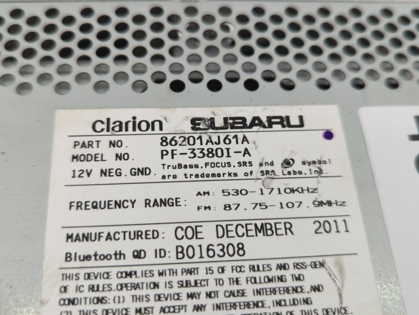 2012-2014 Subaru Legacy Radio AM FM Cd Player Receiver Replacement P/N:86201AJ61A Fits Fits 2012 2013 2014 OEM Used Auto Par