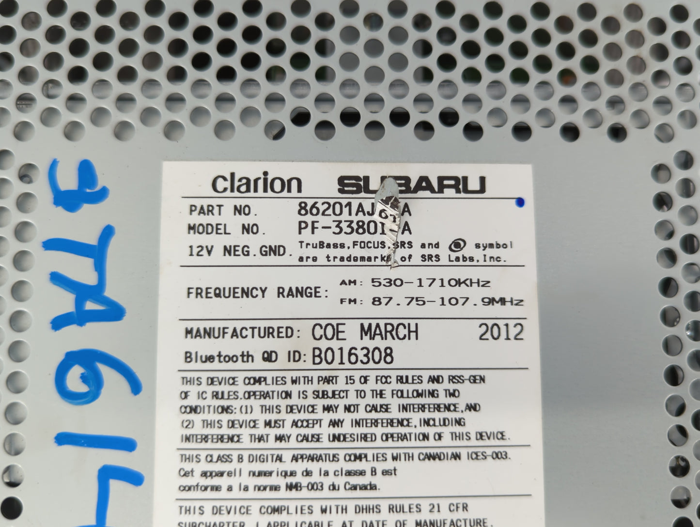 2012-2014 Subaru Legacy Radio AM FM Cd Player Receiver Replacement P/N:86201AJ61A Fits Fits 2012 2013 2014 OEM Used Auto Par
