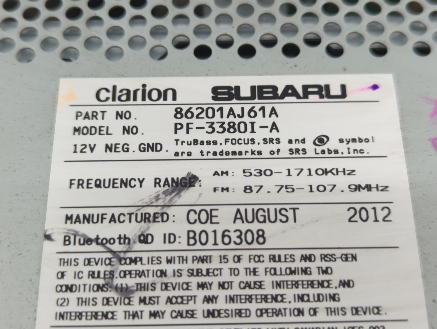 2012-2014 Subaru Legacy Radio AM FM Cd Player Receiver Replacement P/N:86201AJ61A Fits Fits 2012 2013 2014 OEM Used Auto Par