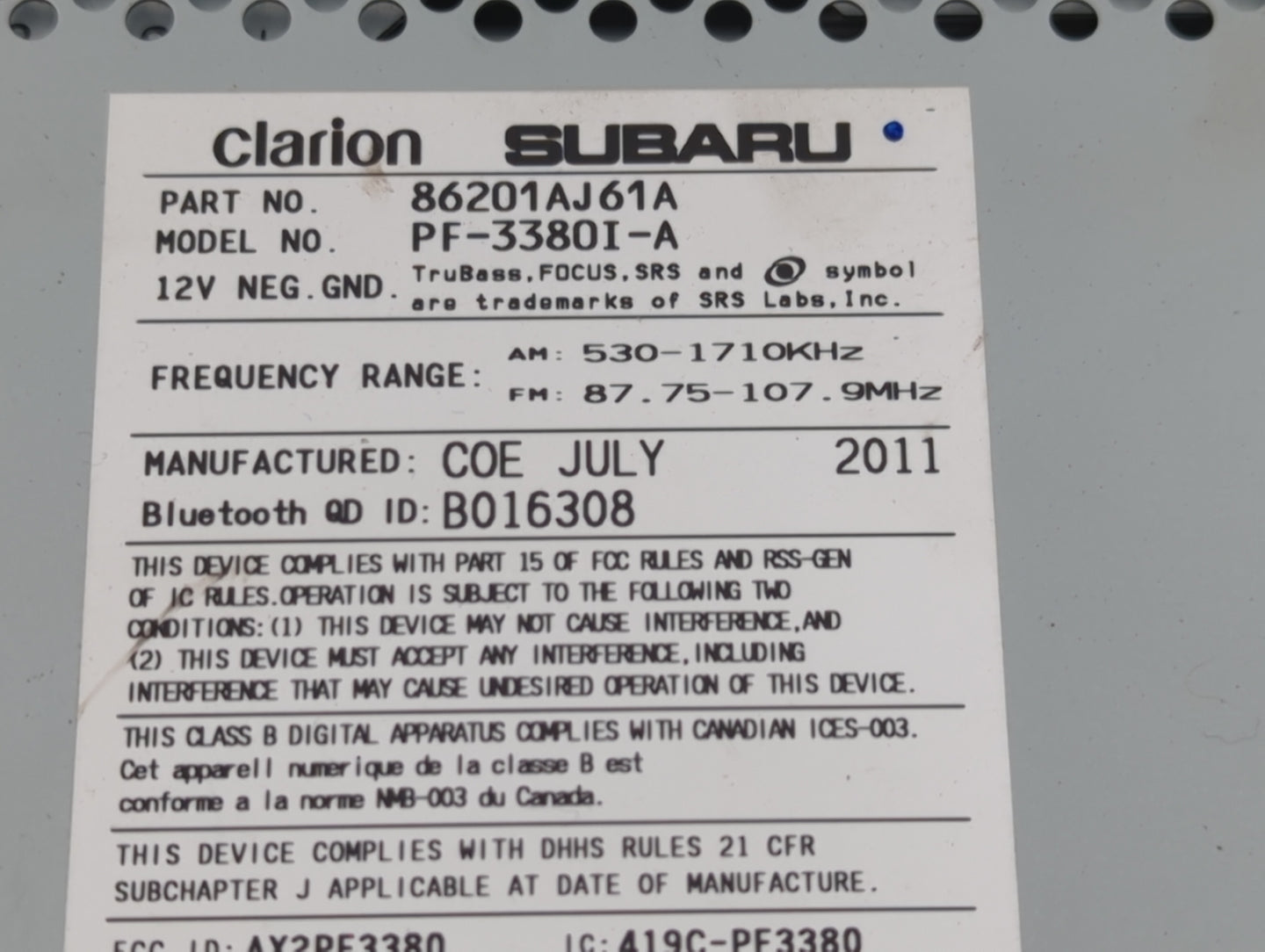 2012-2014 Subaru Legacy Radio AM FM Cd Player Receiver Replacement P/N:86201AJ61A Fits Fits 2012 2013 2014 OEM Used Auto Par