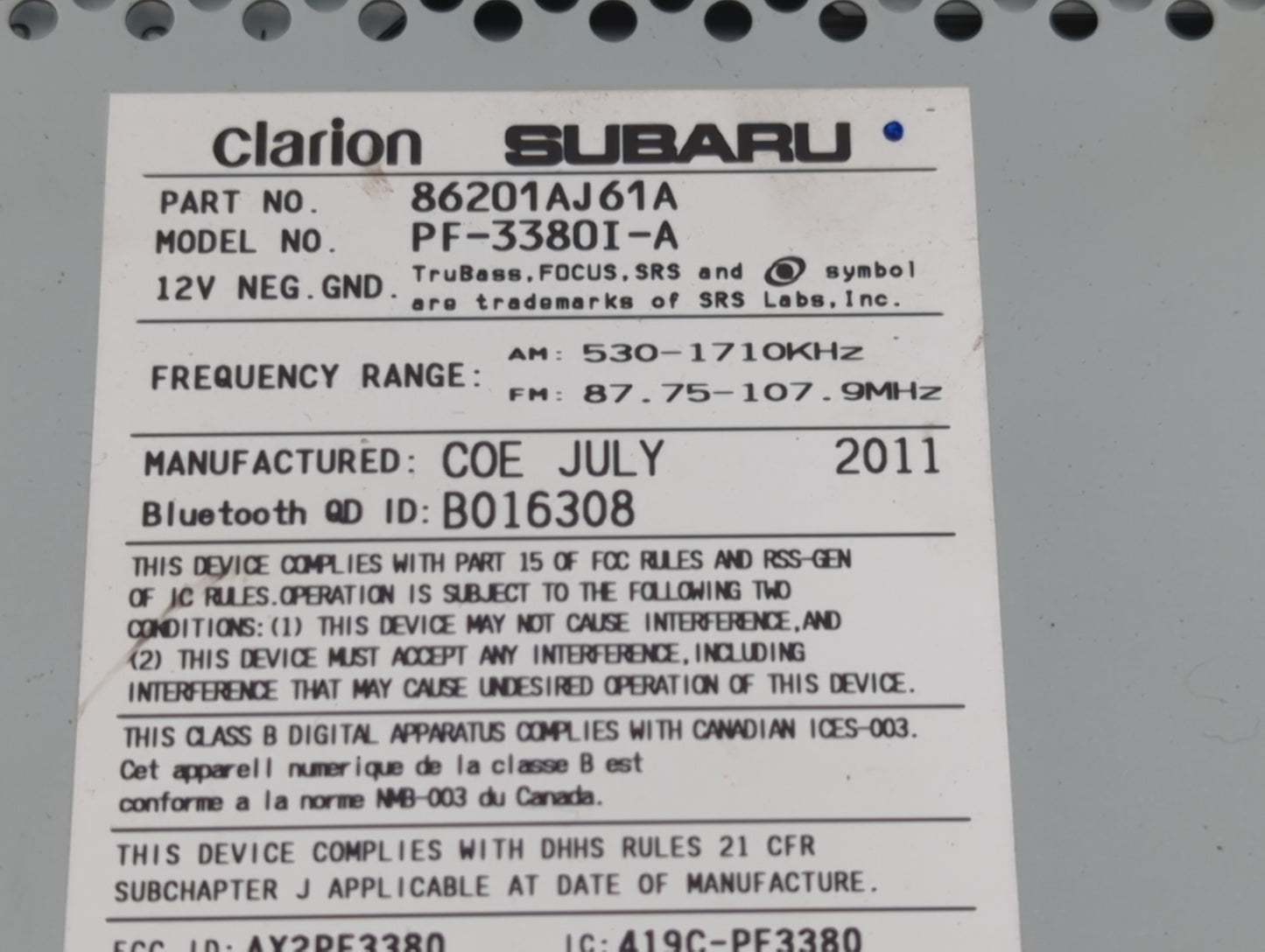2012-2014 Subaru Legacy Radio AM FM Cd Player Receiver Replacement P/N:86201AJ61A Fits Fits 2012 2013 2014 OEM Used Auto Par