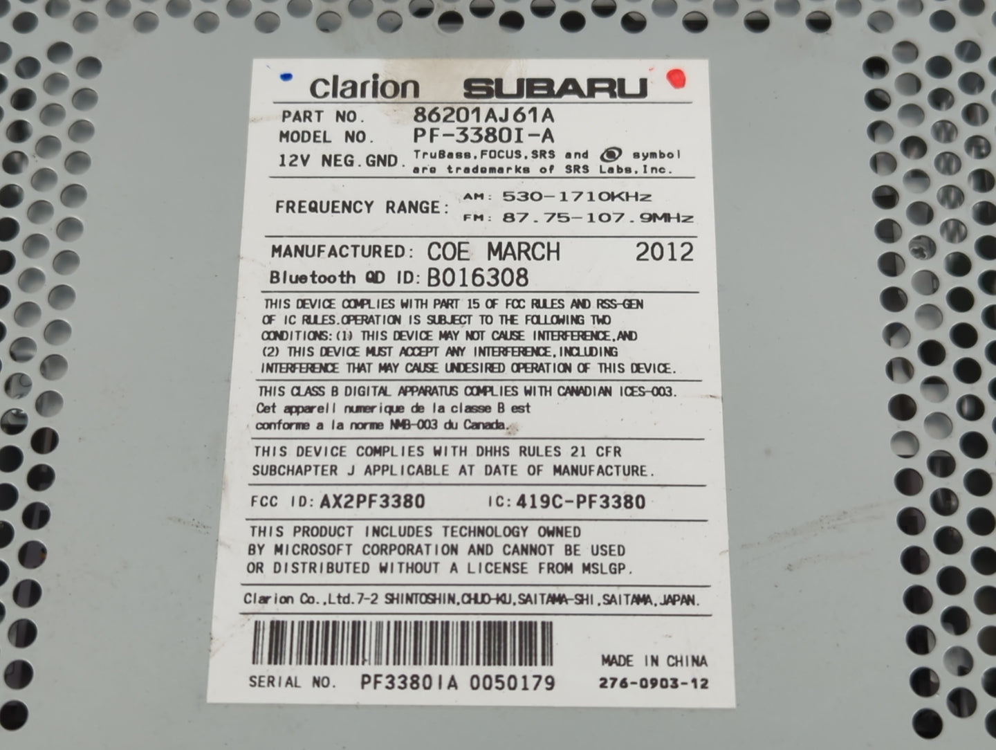2012-2014 Subaru Legacy Radio AM FM Cd Player Receiver Replacement P/N:86201AJ61A Fits Fits 2012 2013 2014 OEM Used Auto Par