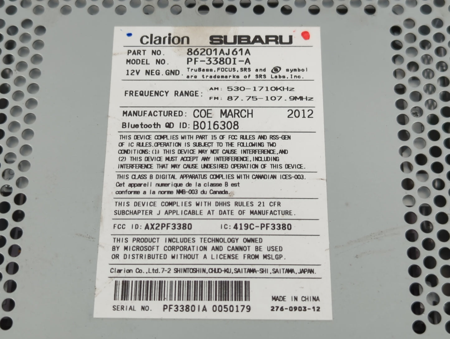 2012-2014 Subaru Legacy Radio AM FM Cd Player Receiver Replacement P/N:86201AJ61A Fits Fits 2012 2013 2014 OEM Used Auto Par