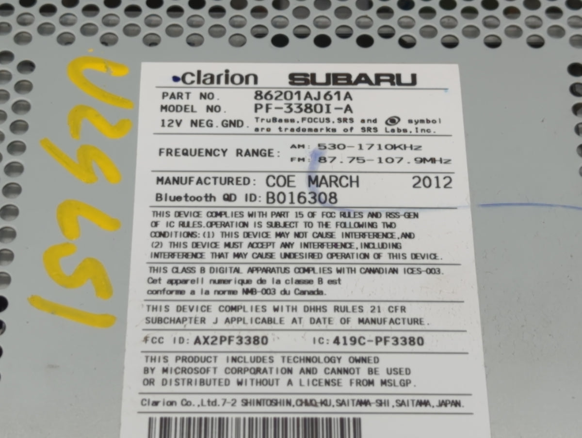 2012-2014 Subaru Legacy Am Fm Cd Player Radio Receiver 725919 - Oemusedautoparts1.com