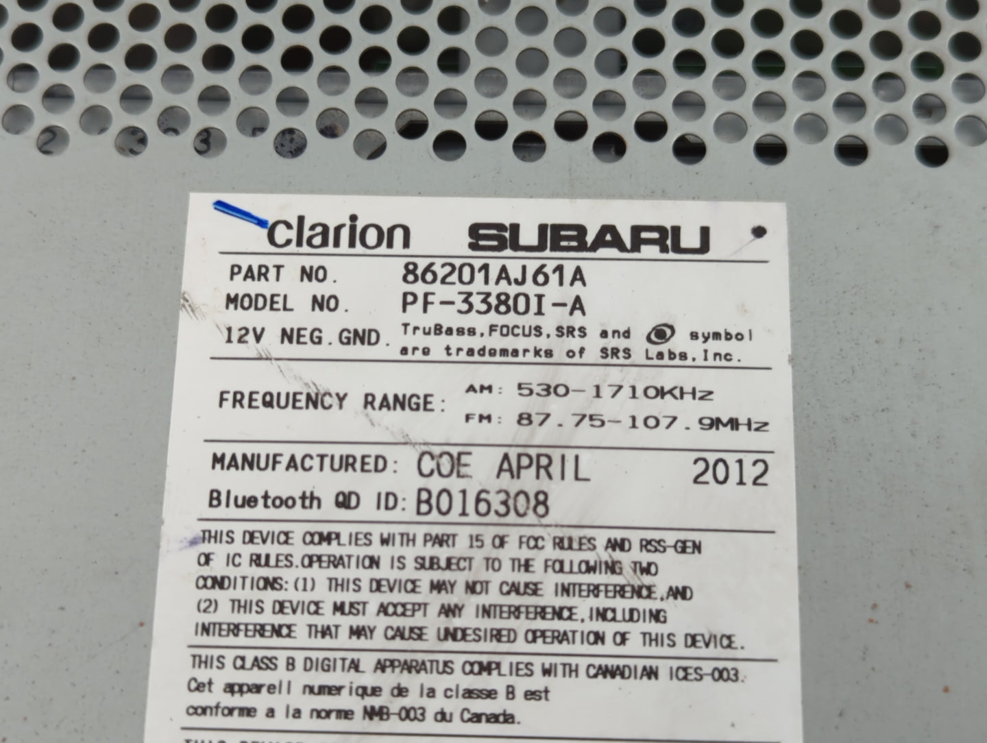 2012-2014 Subaru Legacy Radio AM FM Cd Player Receiver Replacement P/N:86201AJ61A Fits Fits 2012 2013 2014 OEM Used Auto Par