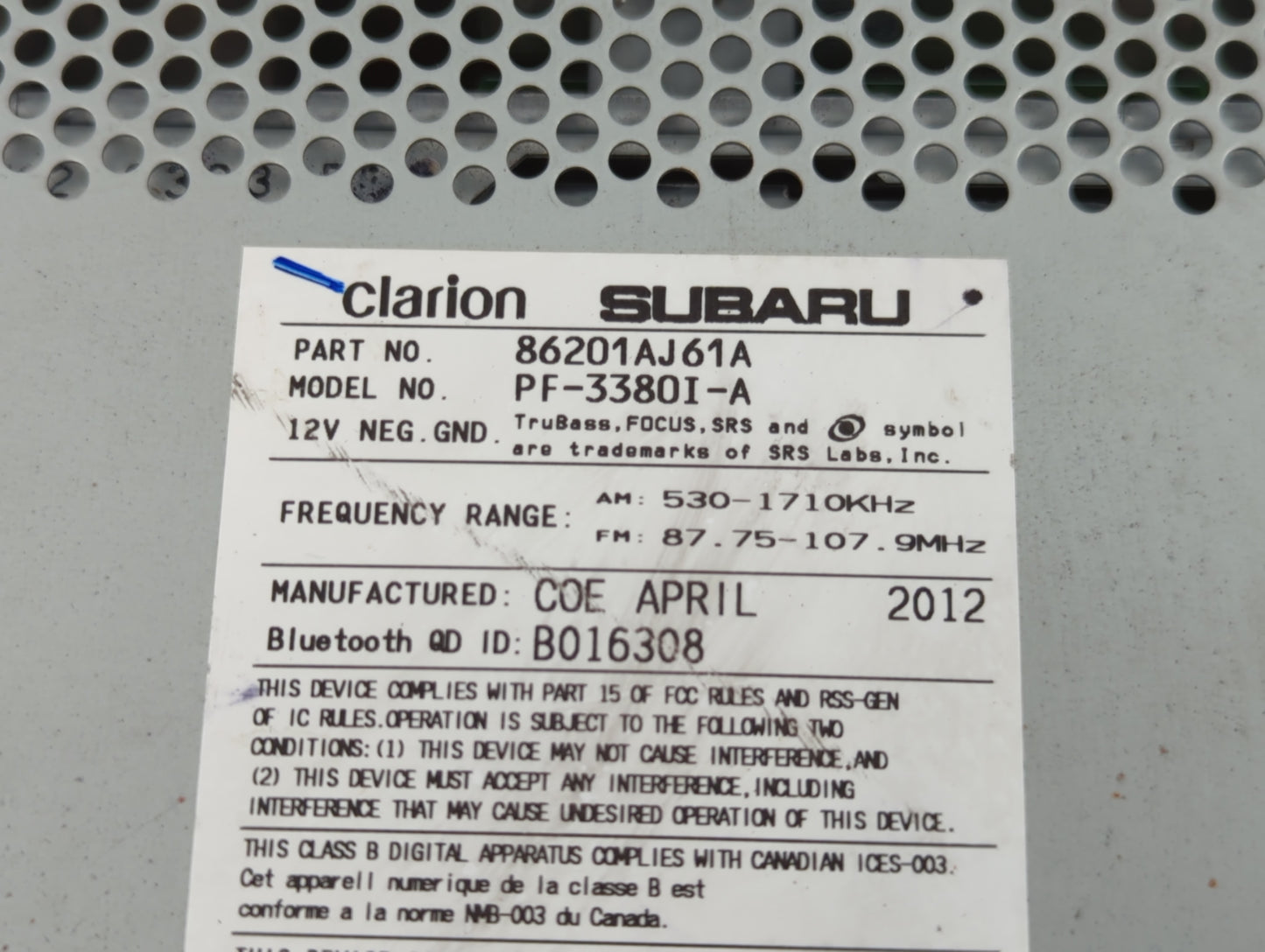 2012-2014 Subaru Legacy Radio AM FM Cd Player Receiver Replacement P/N:86201AJ61A Fits Fits 2012 2013 2014 OEM Used Auto Par