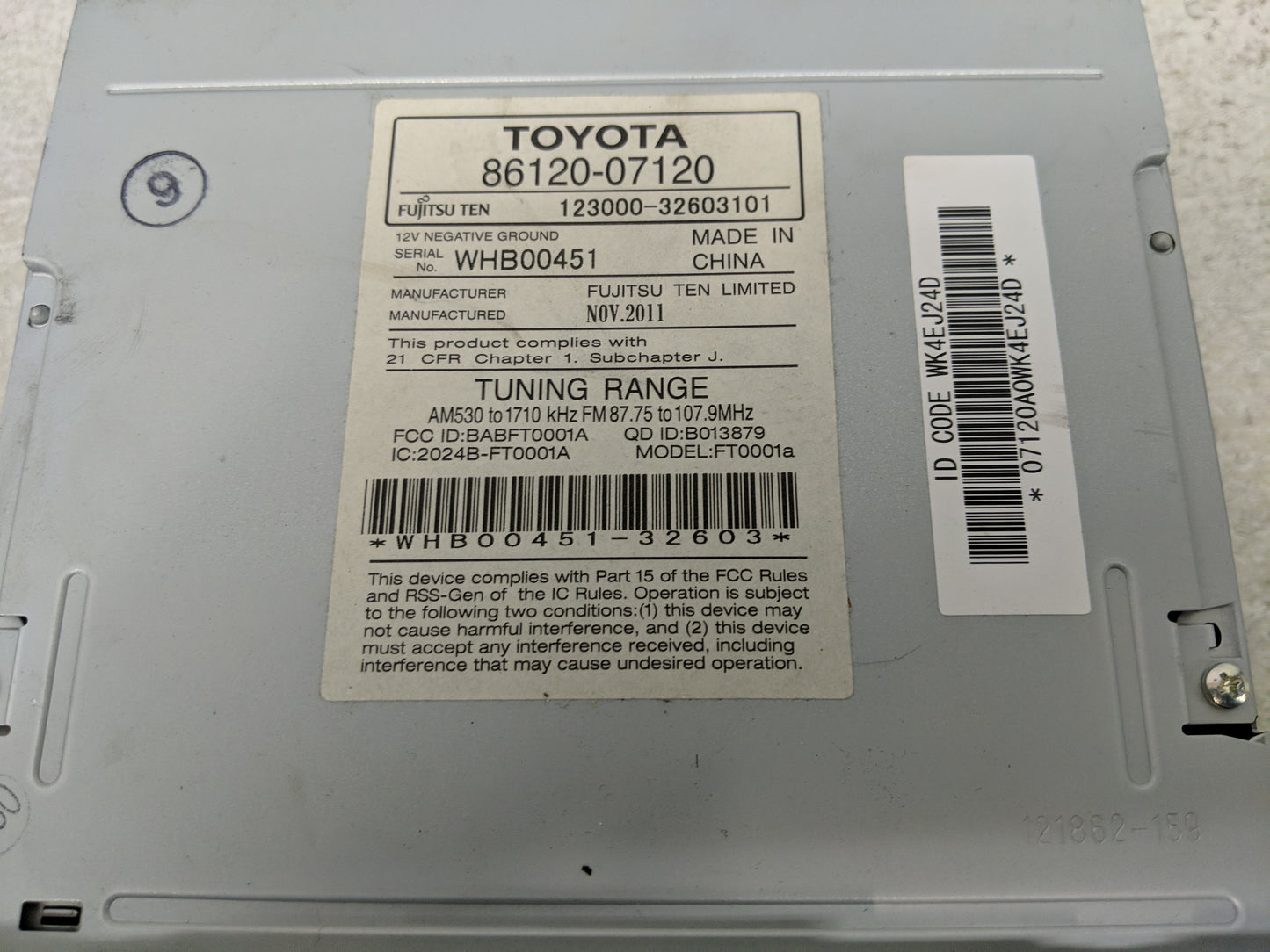 2011-2012 Toyota Avalon Radio AM FM Cd Player Receiver Replacement P/N:86120-07120 Fits Fits 2011 2012 OEM Used Auto Parts -