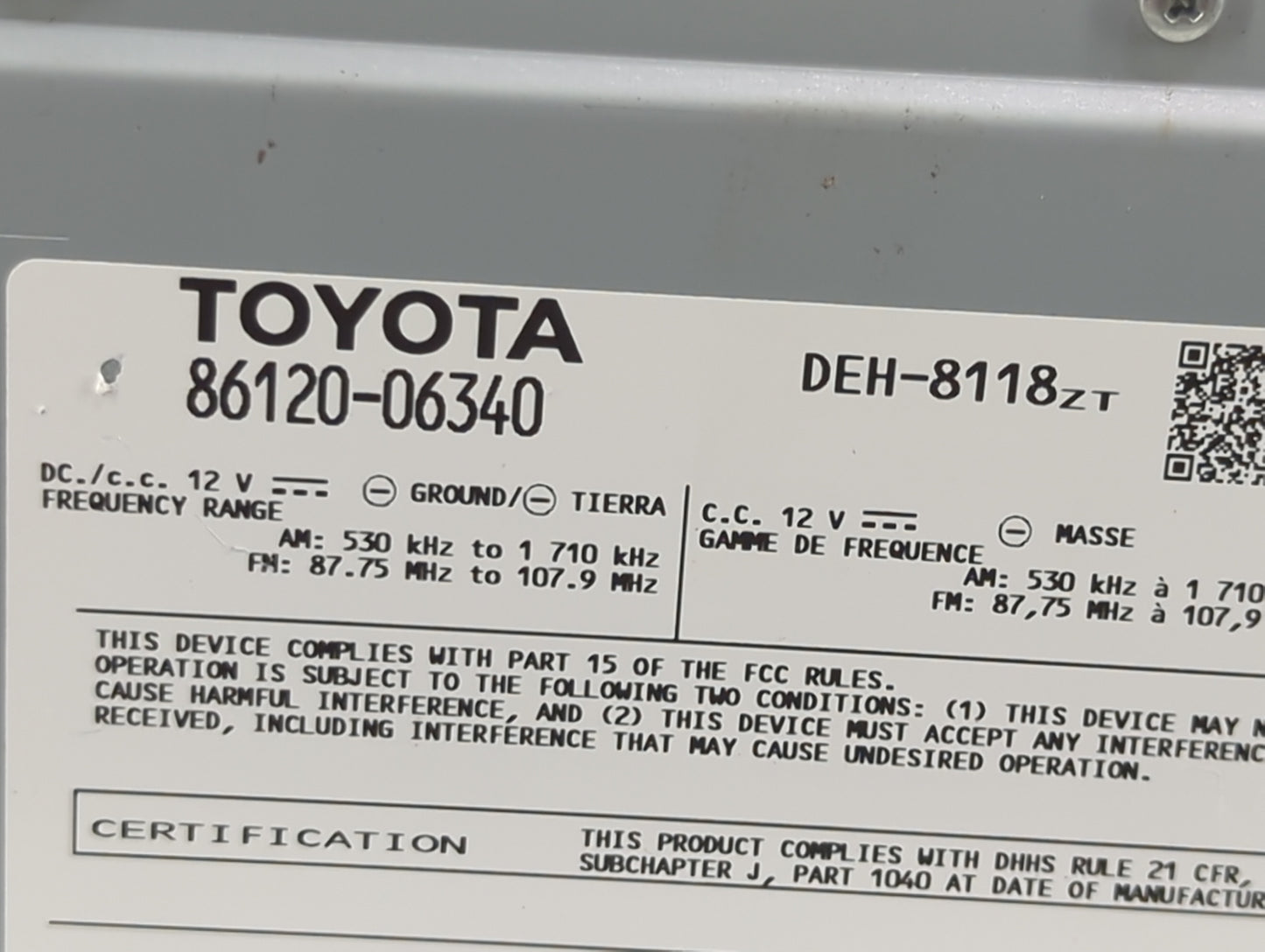 2012-2013 Toyota Camry Radio AM FM Cd Player Receiver Replacement P/N:86120-06340 DEH-8118 Fits Fits 2012 2013 OEM Used Auto