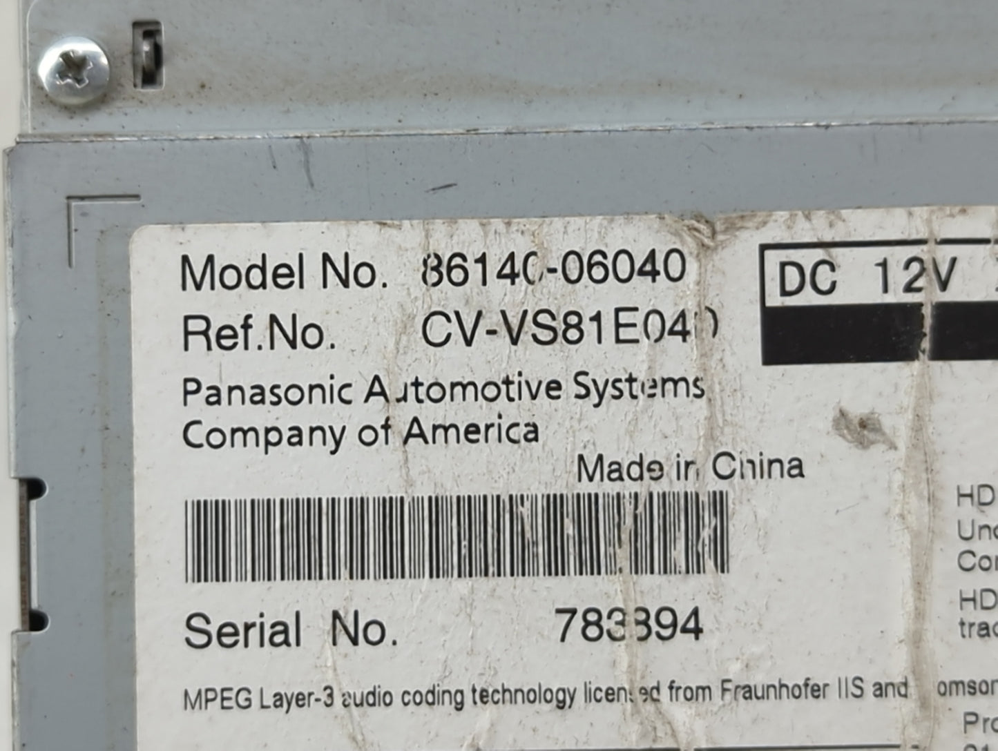 2012 Toyota Camry Radio AM FM Cd Player Receiver Replacement P/N:86140-06040 CV-VS81E040 Fits OEM Used Auto Parts - Oemuseda