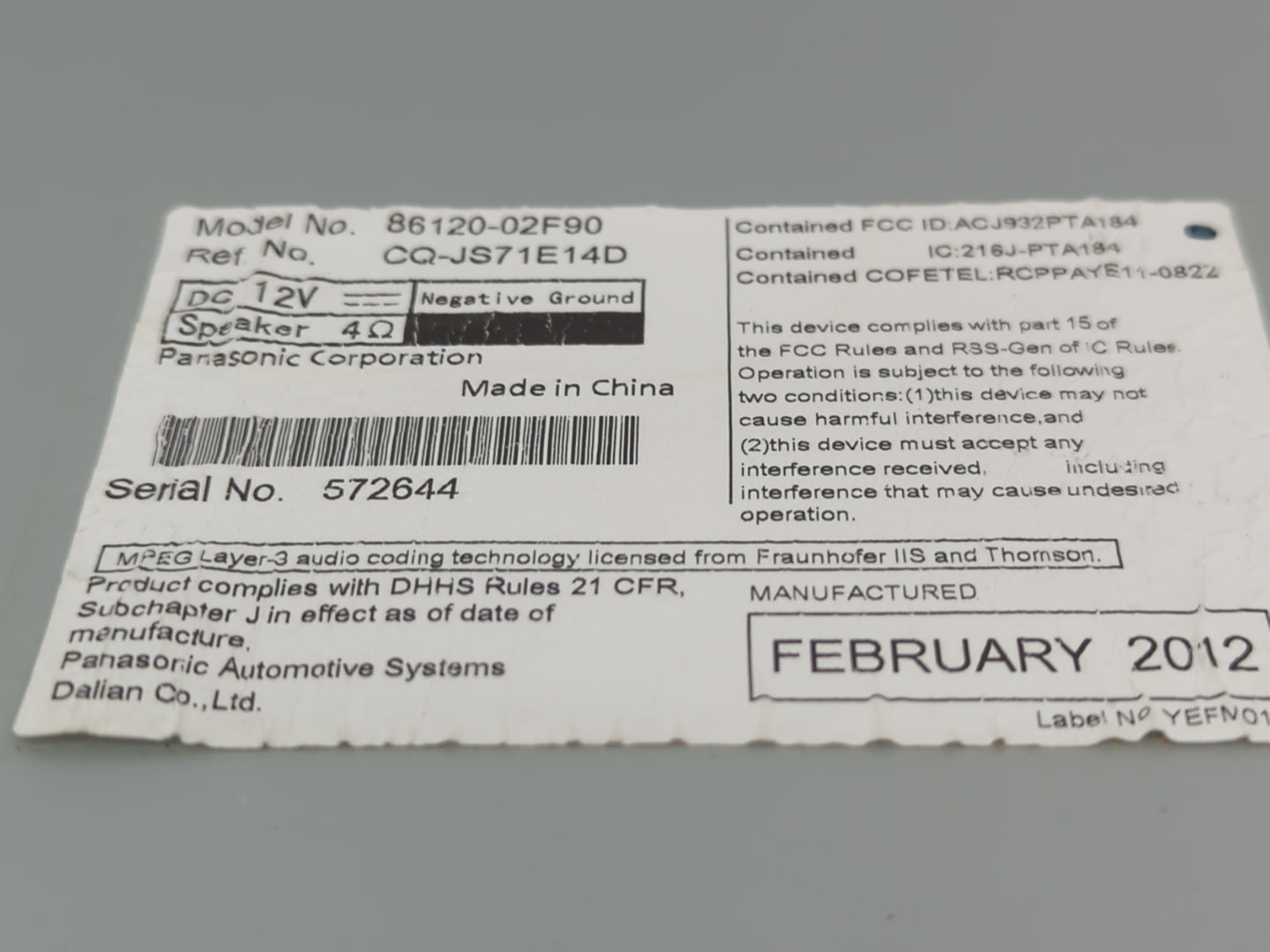 2012-2013 Toyota Corolla Radio AM FM Cd Player Receiver Replacement P/N:86120-02F90 Fits Fits 2012 2013 OEM Used Auto Parts 