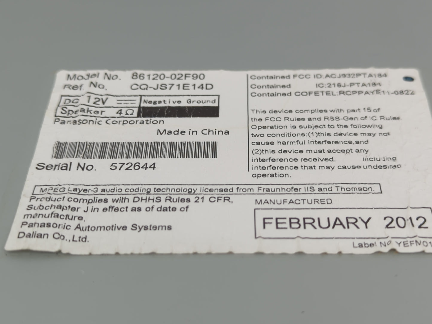 2012-2013 Toyota Corolla Radio AM FM Cd Player Receiver Replacement P/N:86120-02F90 Fits Fits 2012 2013 OEM Used Auto Parts 